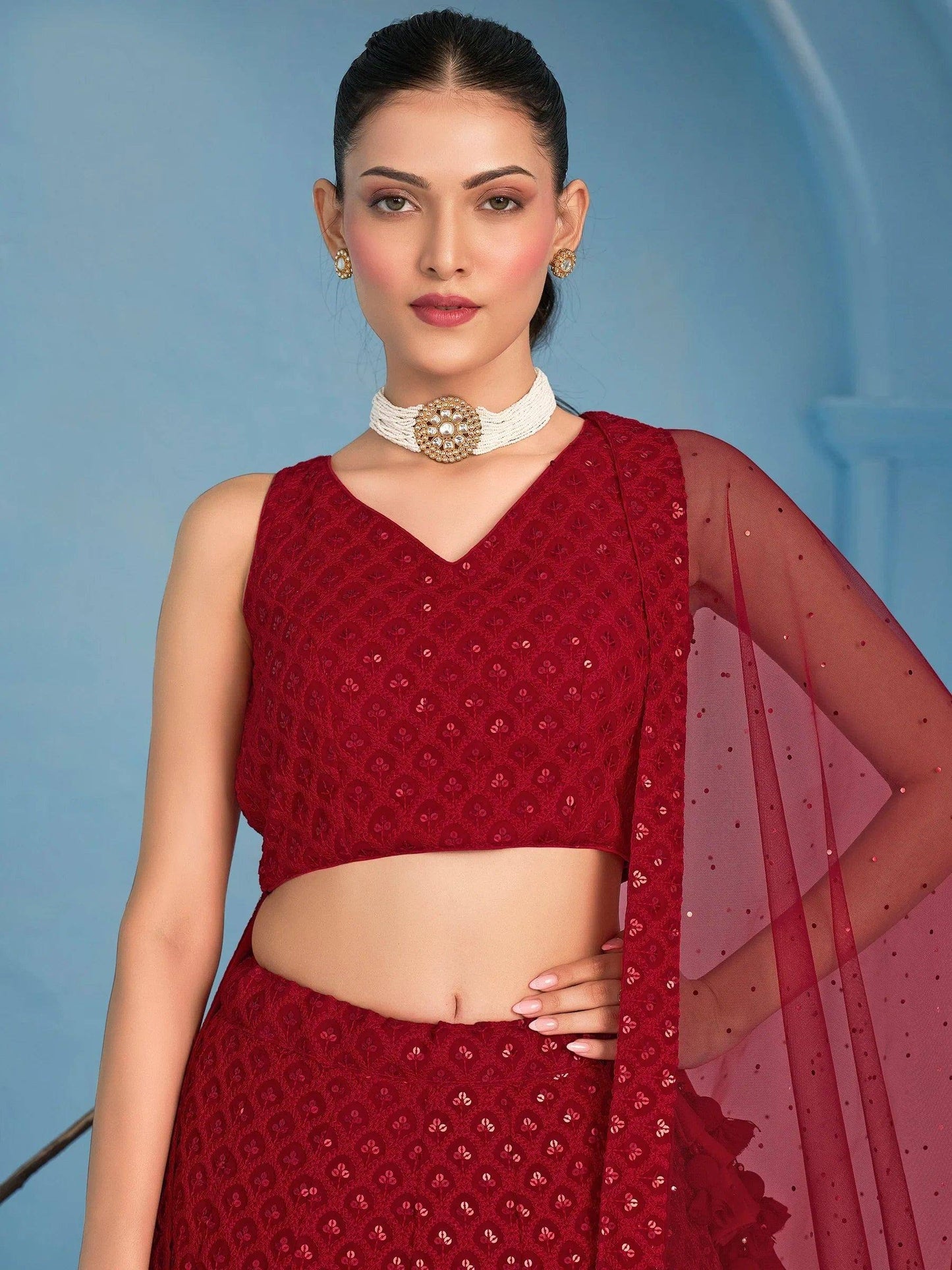 Tulsi Art Fascinating Red Thread Work Georgette Wedding Wear Lehenga Choli