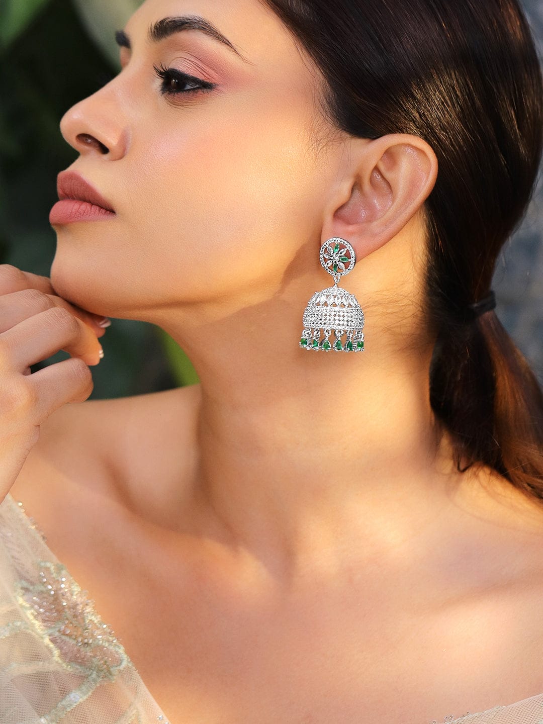 Festive Glow Green American Diamond Zirconia Jhumka