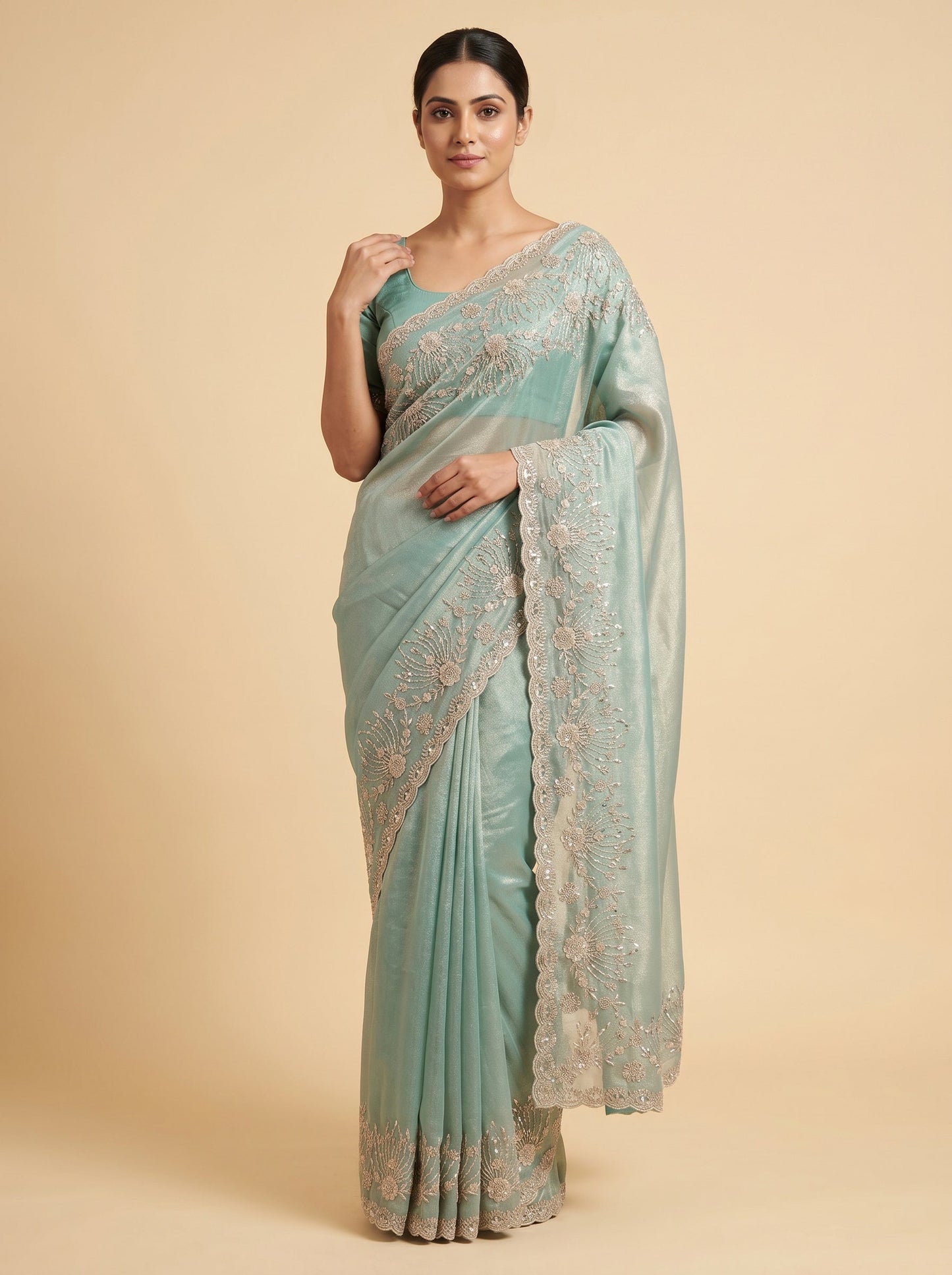Firozi Aqua Detailing Embroidered Saree