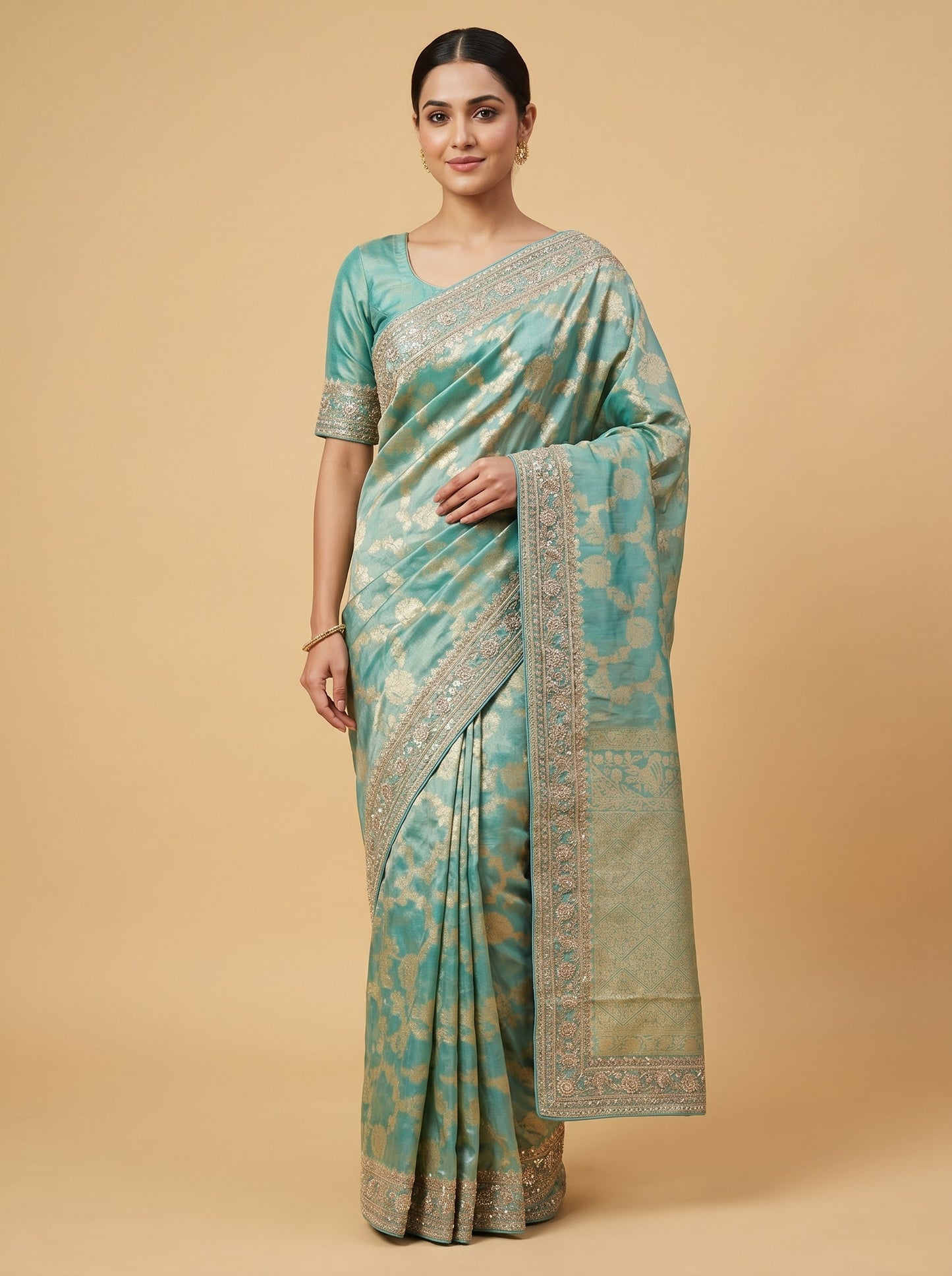 Firozi Bright Embroidered Saree
