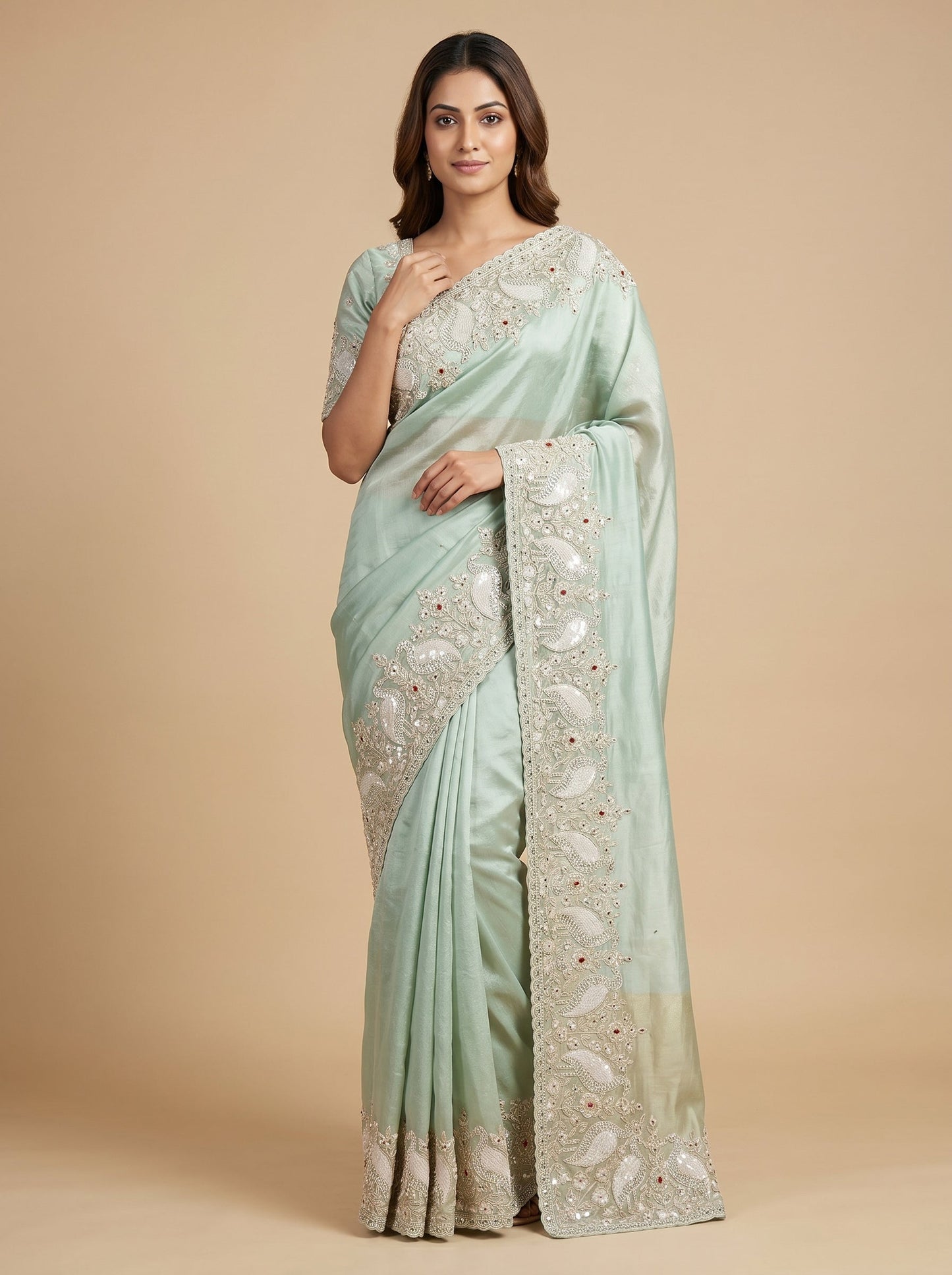 Firozi Fresh Glow Embroidered Saree