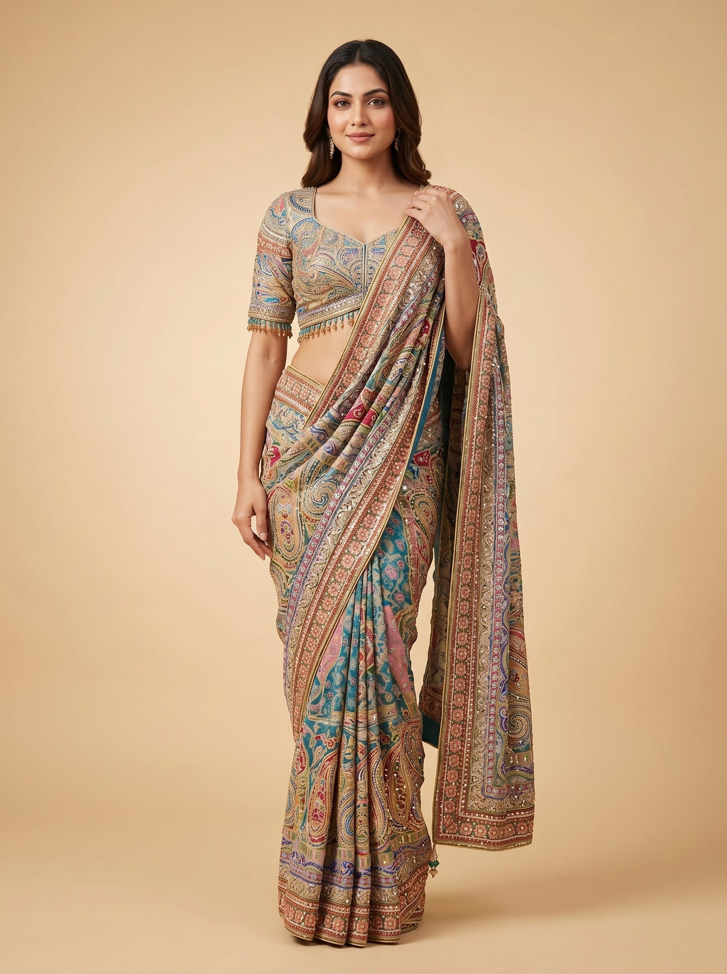 Firozi Glow Embroidered Saree