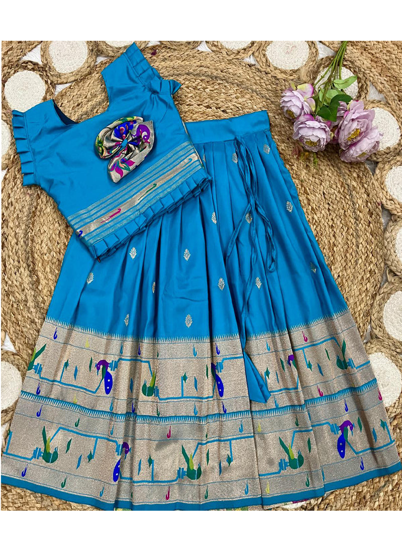 Evanik Designer Firozi Blue Soft Silk Paithani Design Lehenga Choli For Girls-Party & Ethnic Wear