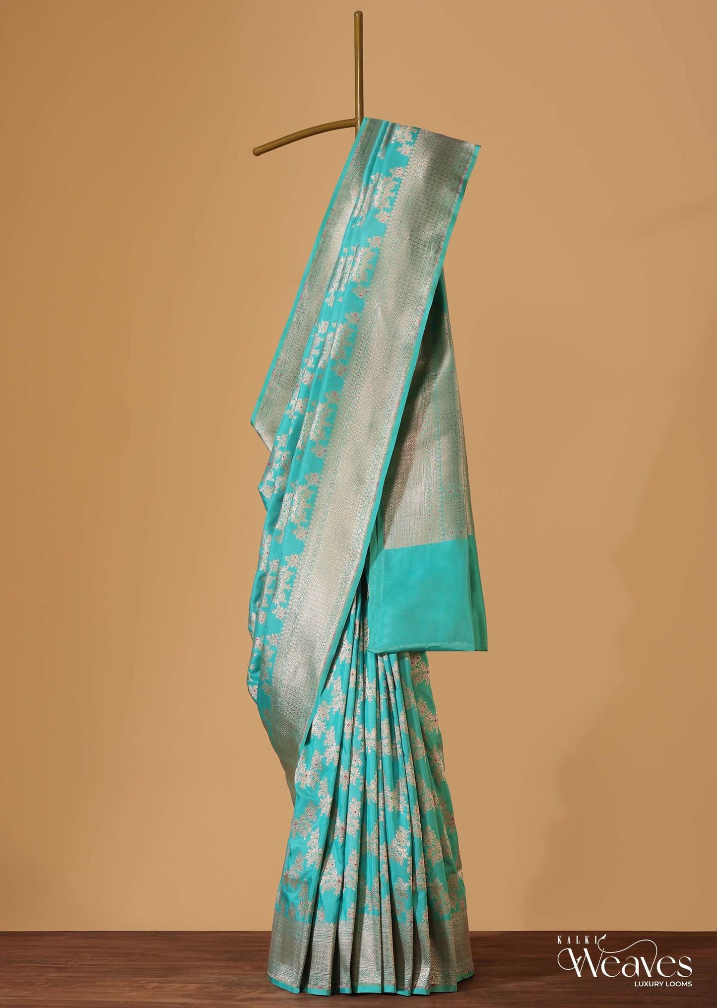 Firozi Blue Handloom Banarasi Saree In Uppada Silk With Gold Woven Meenakari Buttis And Unstitched Blouse