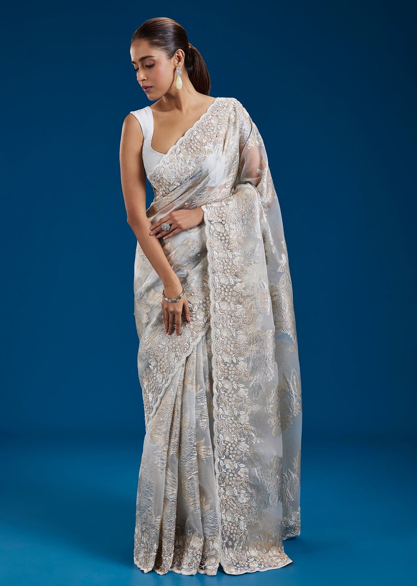 Floral Organza Saree With Cutdana And Moti Embellished Border