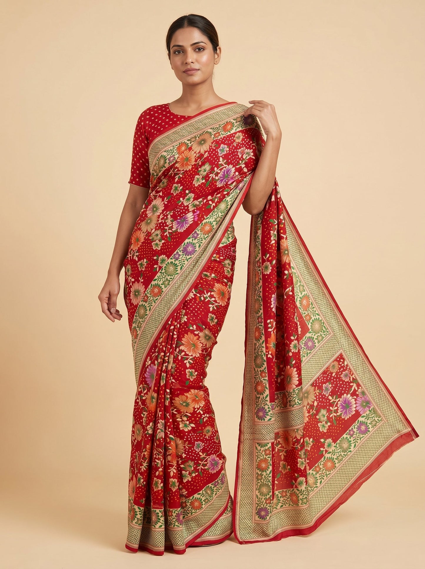 Floral Red Embroidered Saree