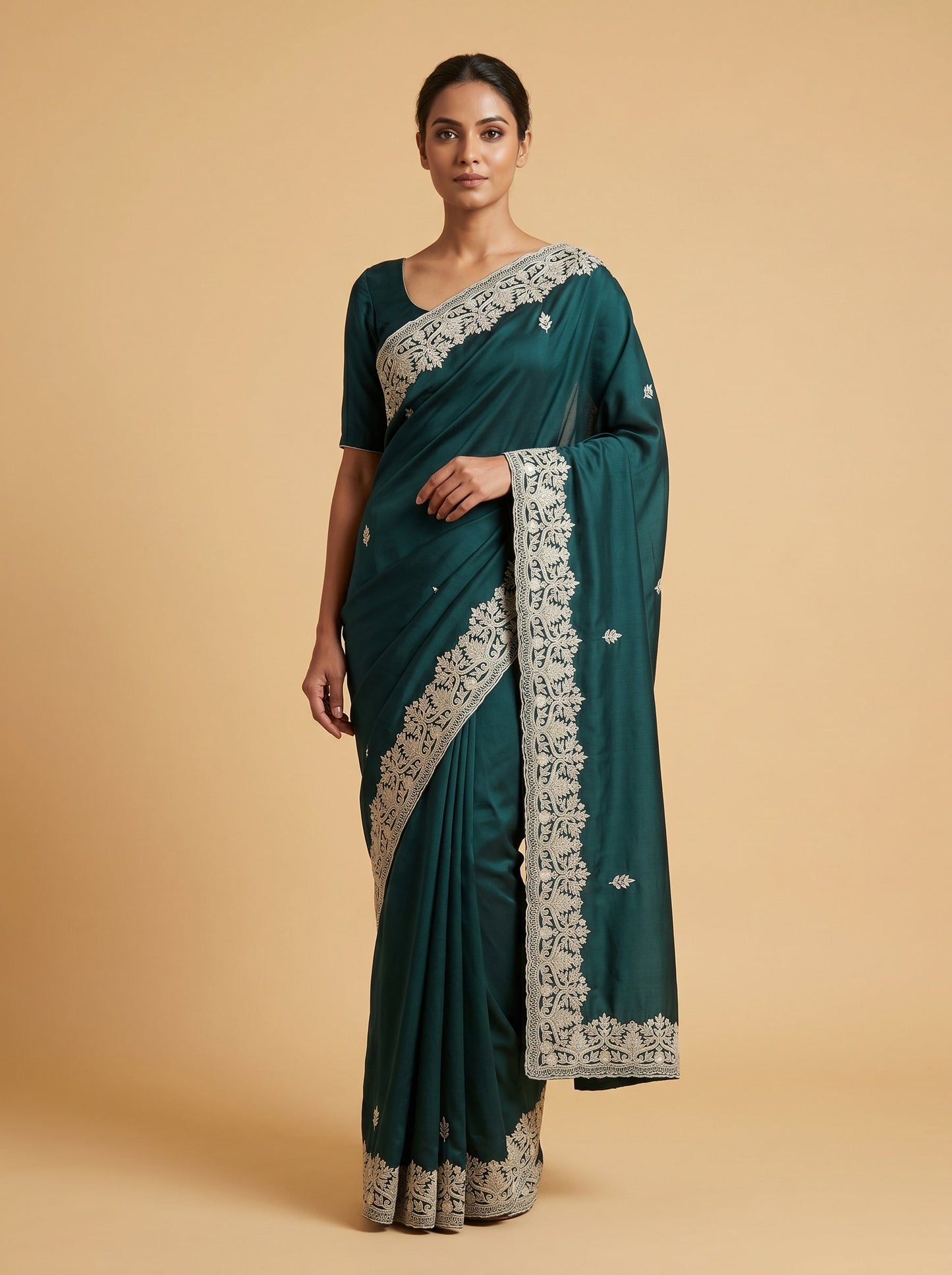 Forest Edge Bottle Green Embroidered Saree