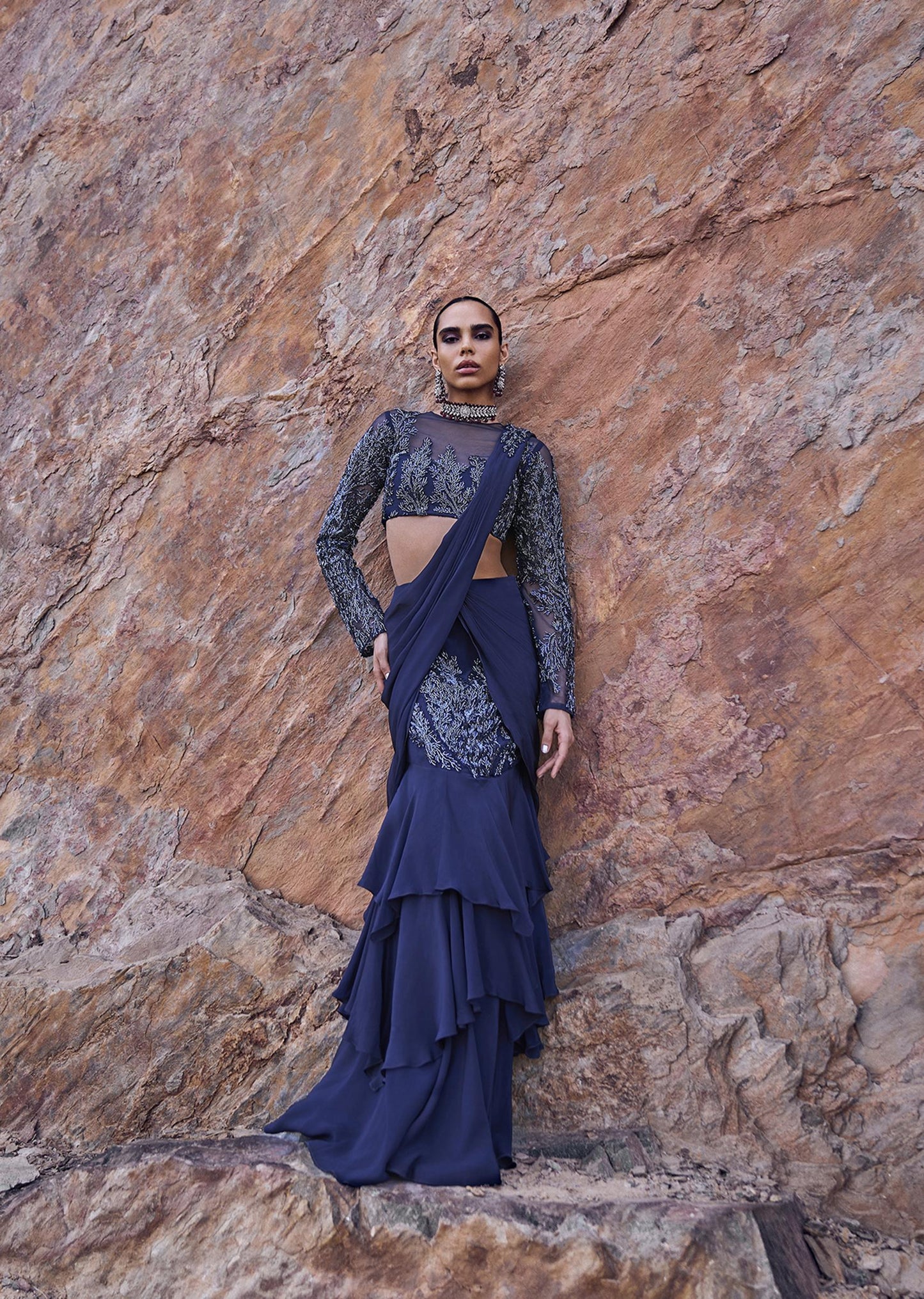 French Blue Fishcut Ready To Wear Frill Saree With Blouse