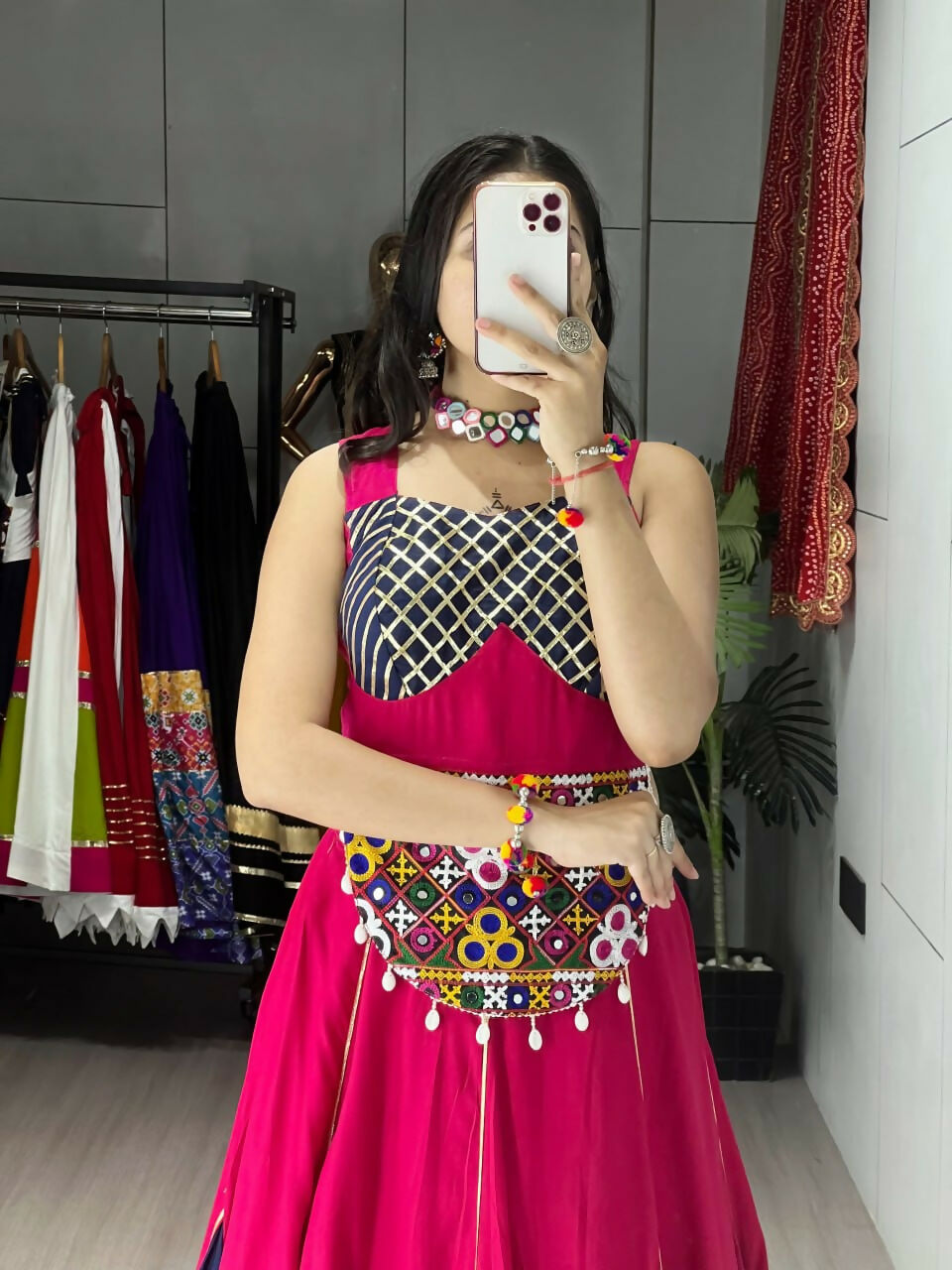 Yash Enterprise Gajari Navy Blue Rayon Cotton Embroidery Semi Stitched Navratri Top Chaniya Choli