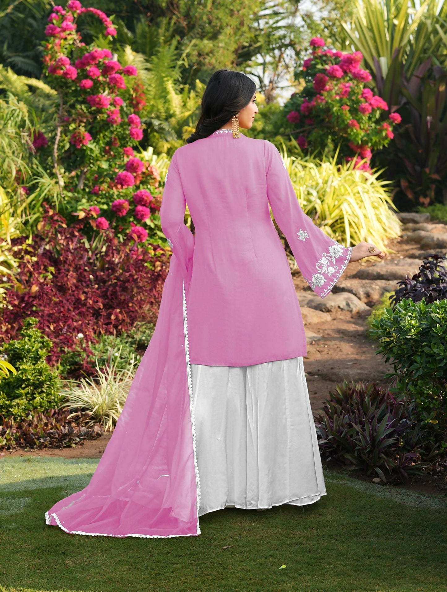 Nikhaar Light Pink Embroidered Modal Silk Stitched Straight Cut Kurta Kalidar Palazzo Dupatta Readymade Suit