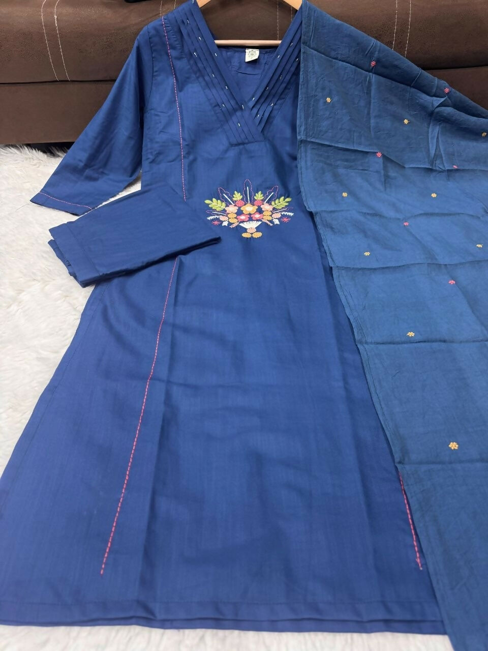 Teeya Creation Indigo Blue Straight Kurta Pant Set With Matching Dupatta