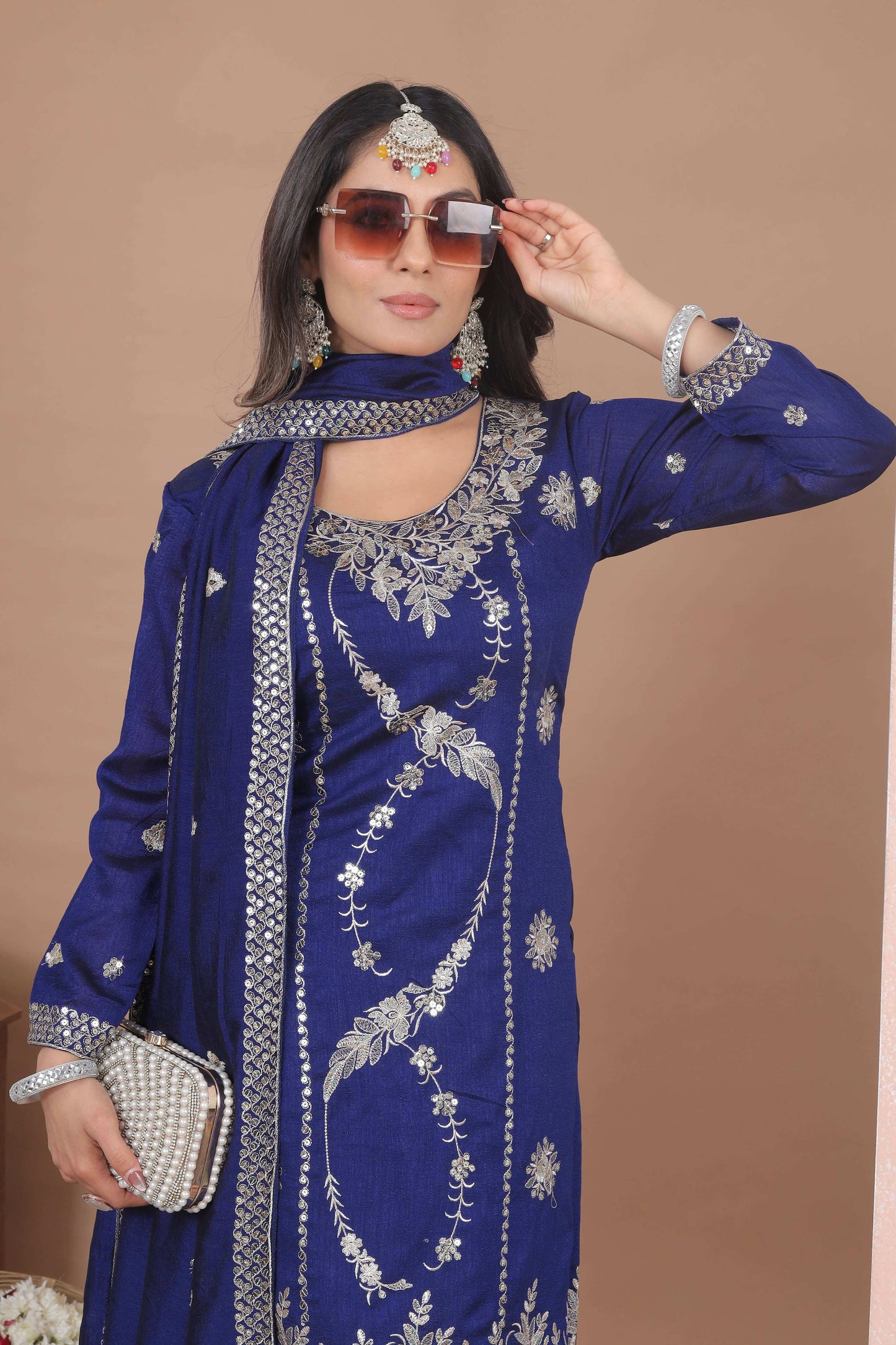 The52 Women's Gorgeous Embroidery Work Vichitra Blooming Fabric Straight Kurta Sharara and Dupatta Set
