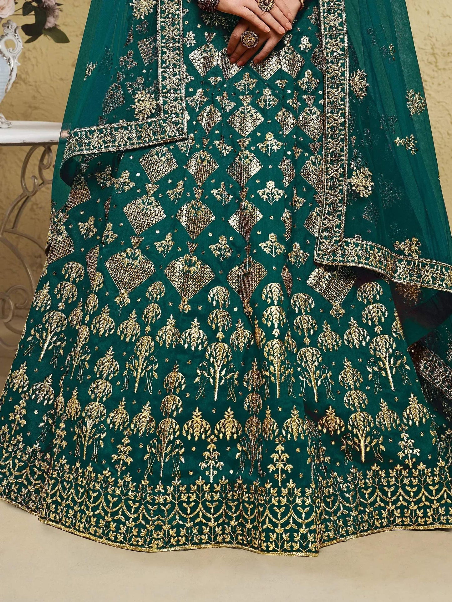 Tulsi Art Glamorous Green Thread Embroidered Silk Lehenga Choli With Dupatta