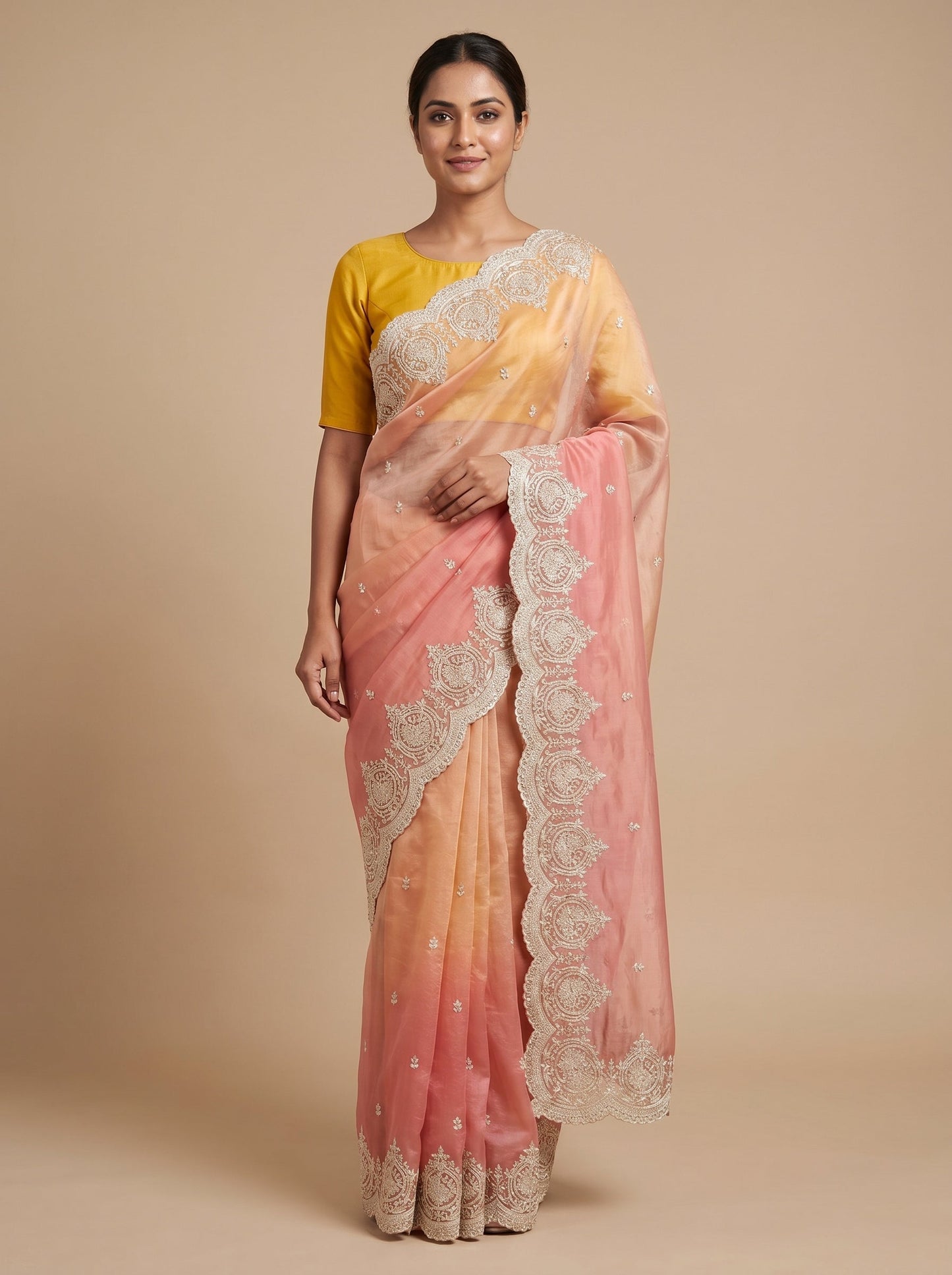 Glow Touch Peach Embroidery Saree