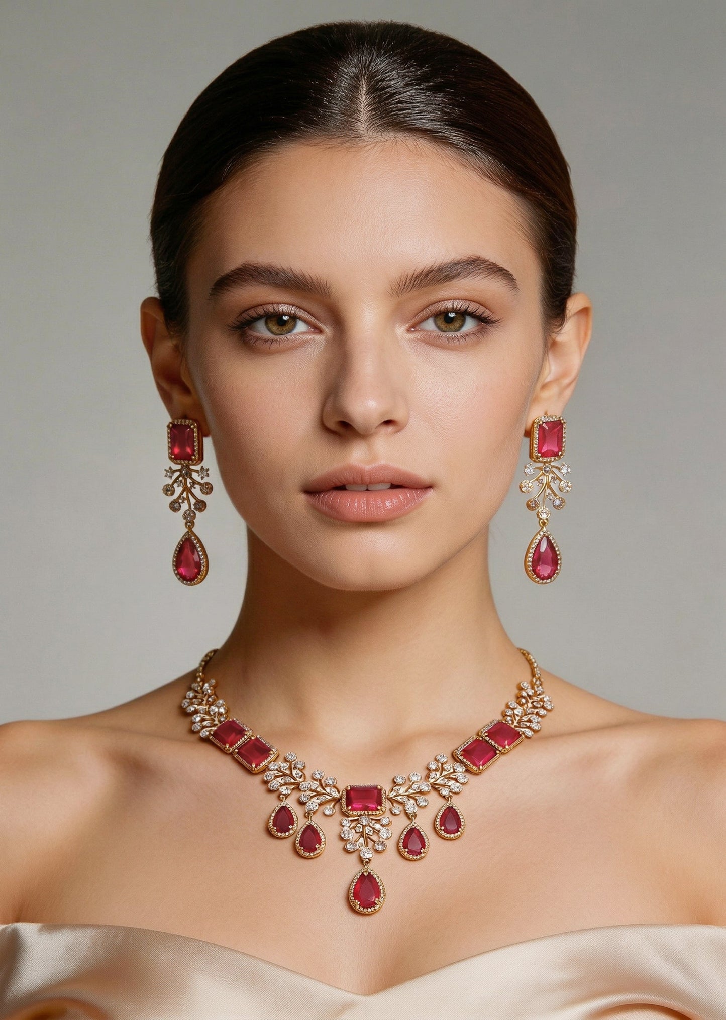 Gold And Red Stone Embellished Geometric Pendant Necklace Set