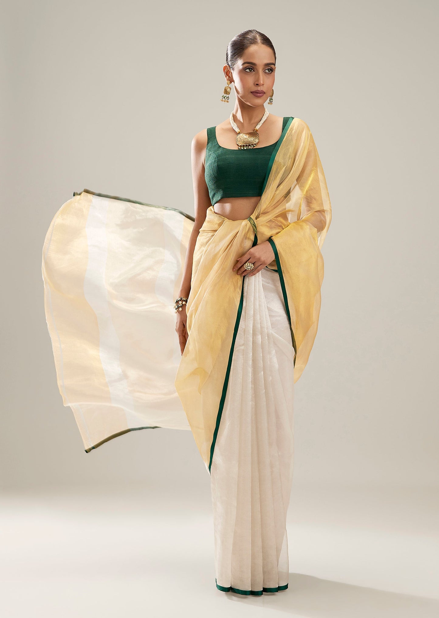 Gold And White Banarasi Tissue Saree With Green Border
