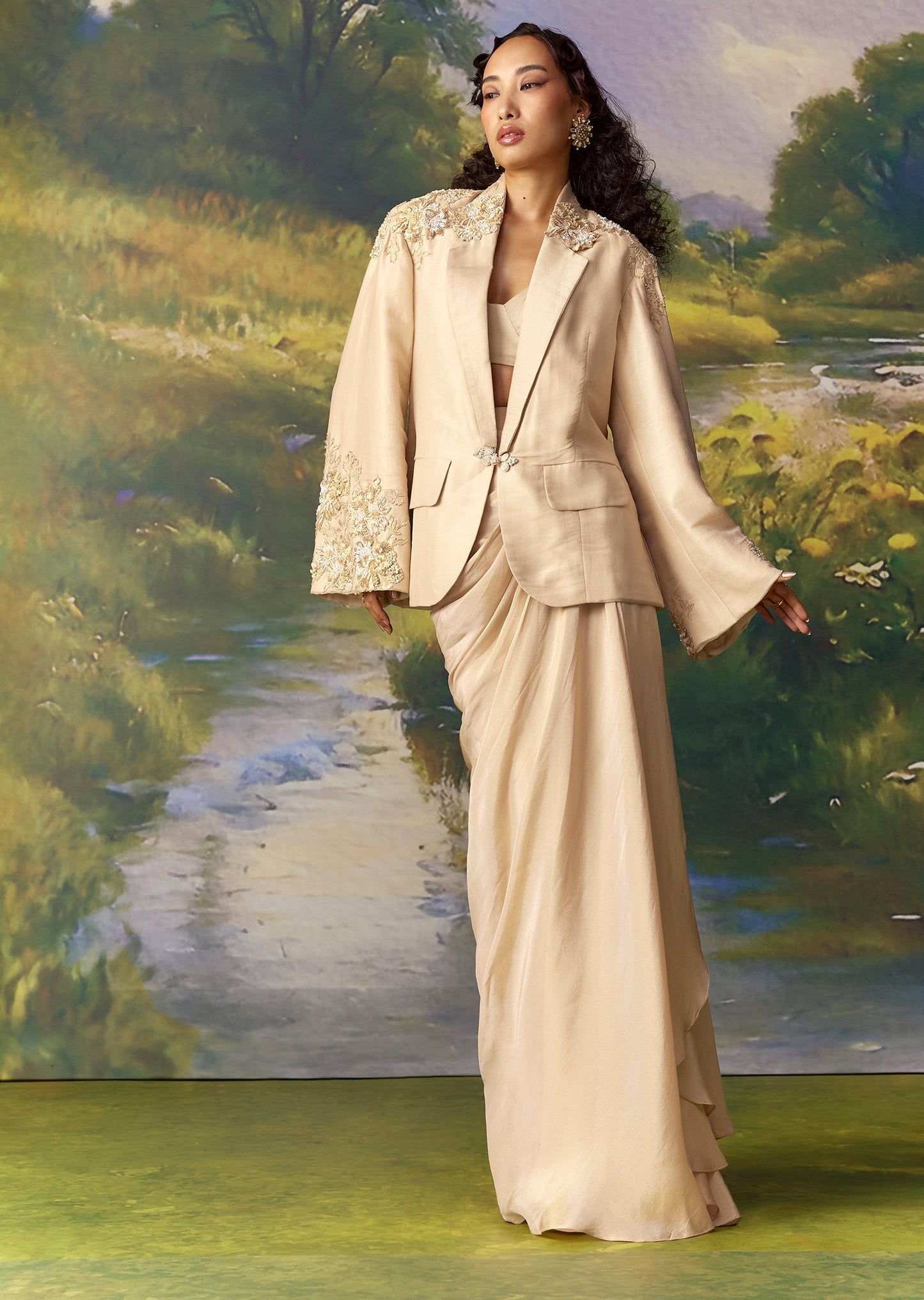 Gold Banarasi Silk Jacket and Draped Skirt Set