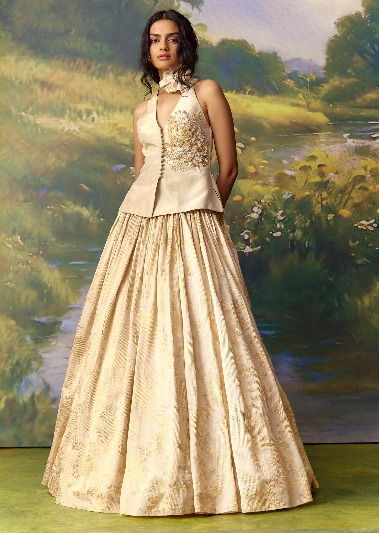 Gold Banarasi Silk Pre Pleated Lehenga Set