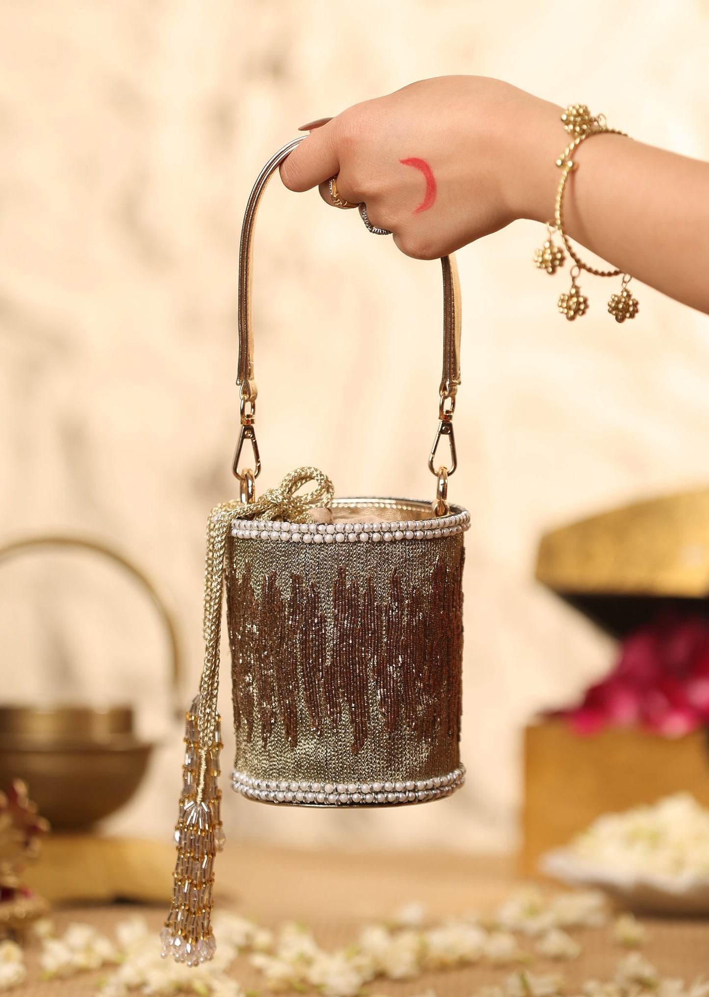 Gold Brocade Potli With Embellished Detailing With Long Tassel