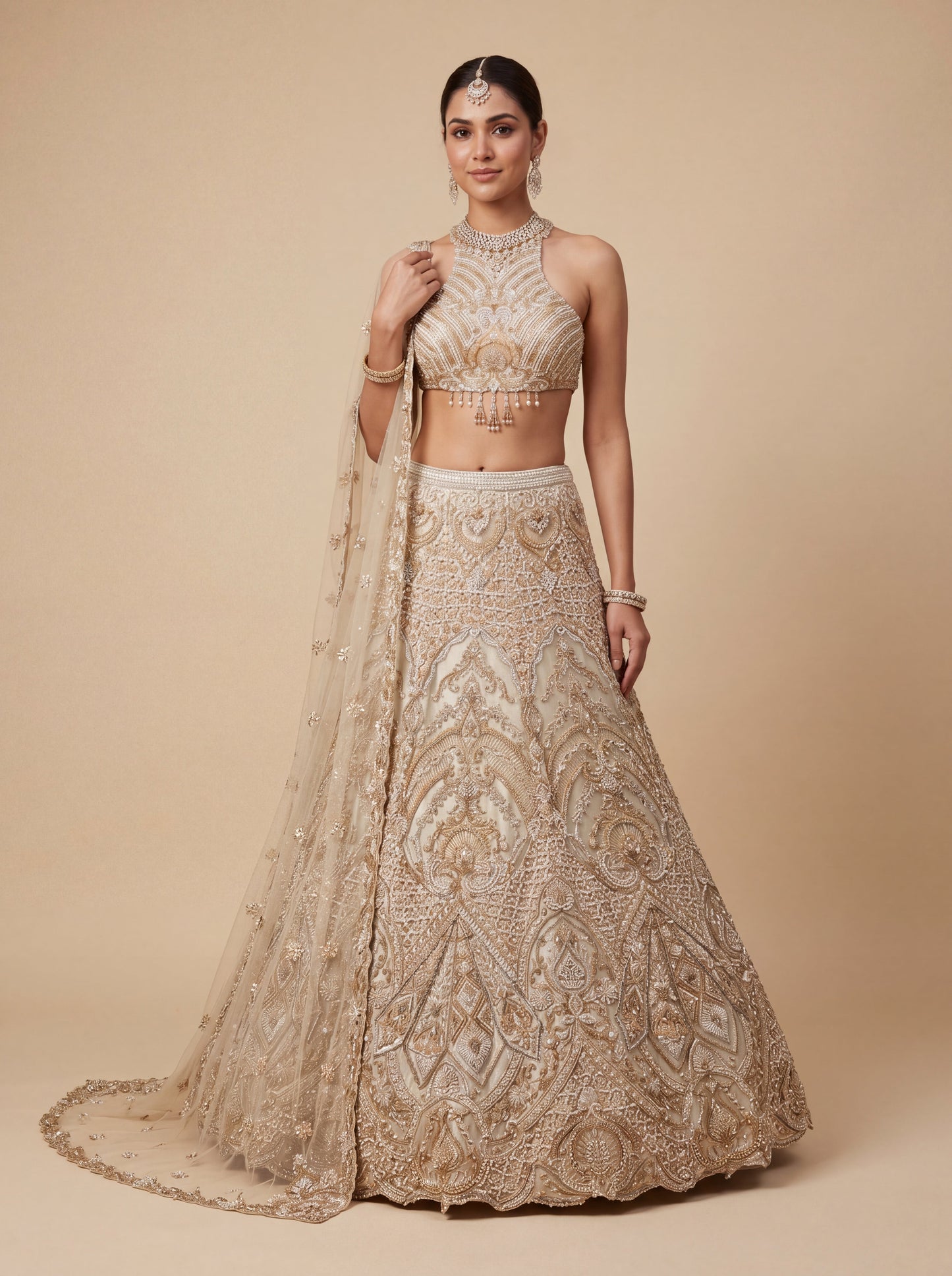 Gold Contemporary Bridal Lehenga With AllOver Embellishment