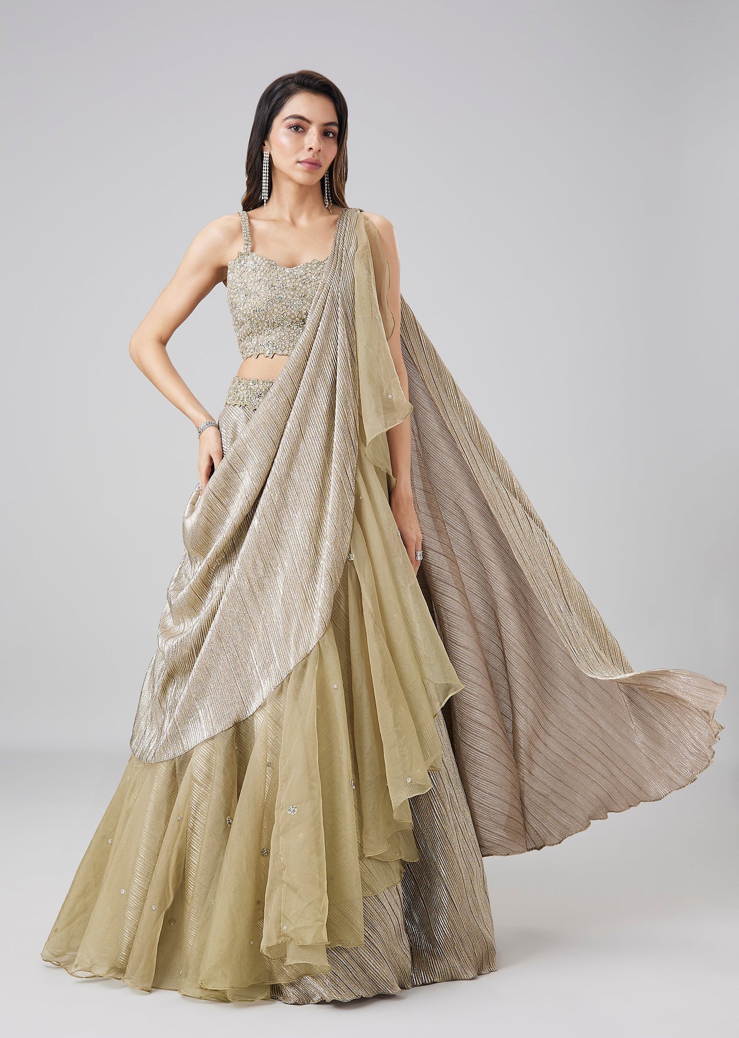 Gold Drape Style Fusion Lehenga