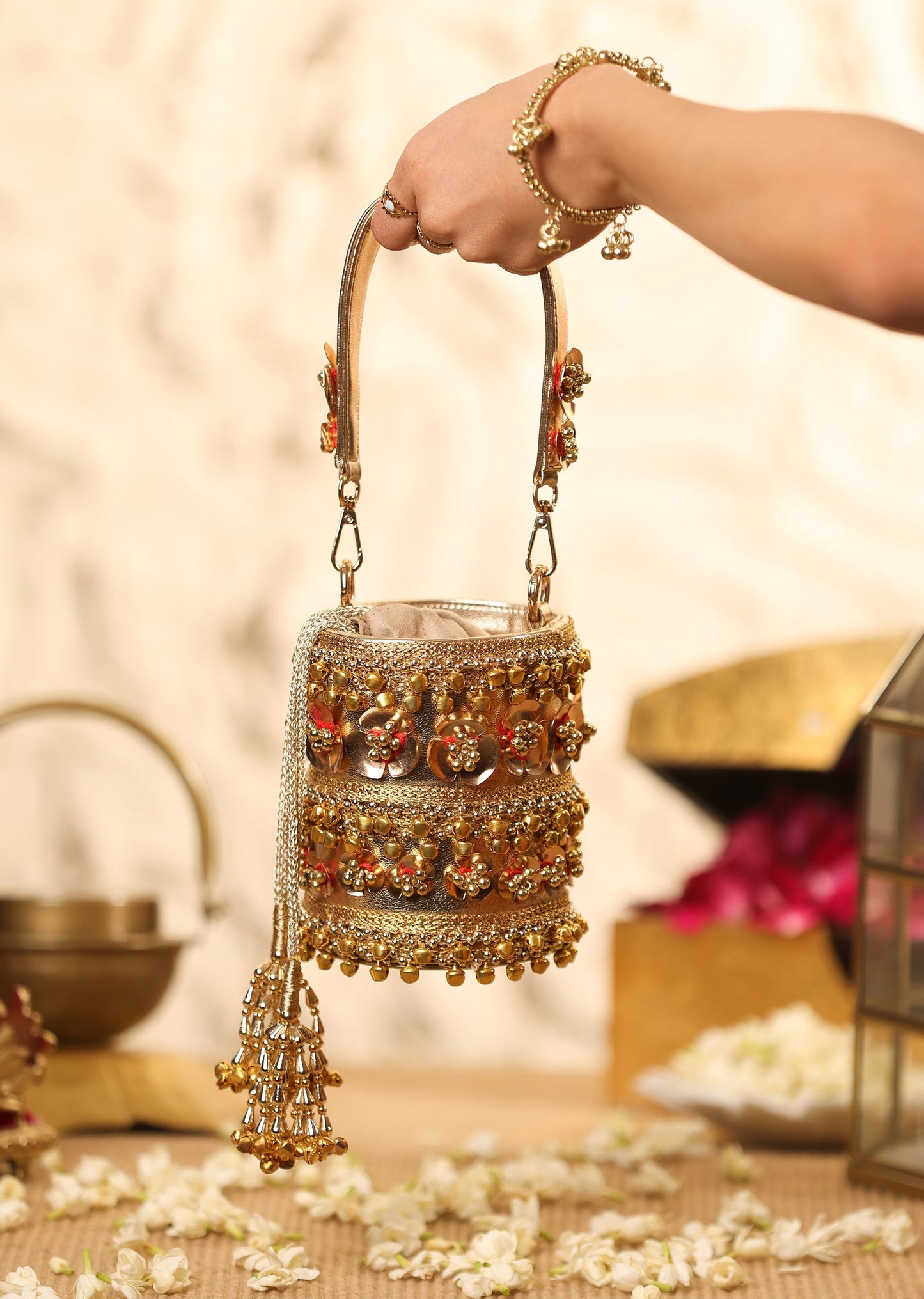 Gold Faux Leather Potli With Lace Detailing