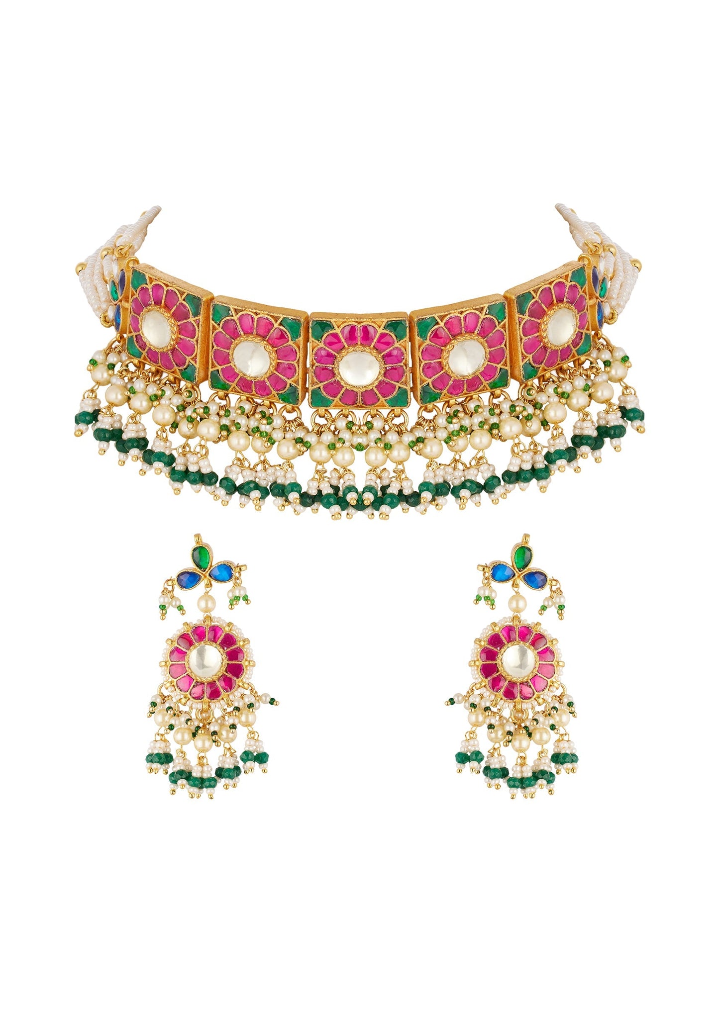Gold Finish Choker Necklace Set In Mix Metal With Traditional Kundan Style And Rani Pink And Green Simulated Stones And Faux Pearl Fringe