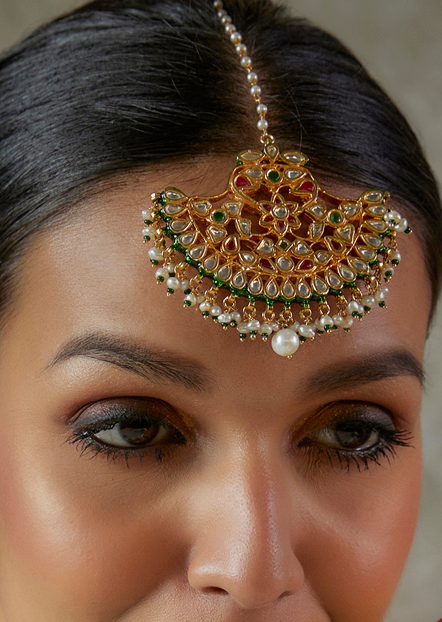 Gold Finish Green Kundan Polki Enameled Maangtikka