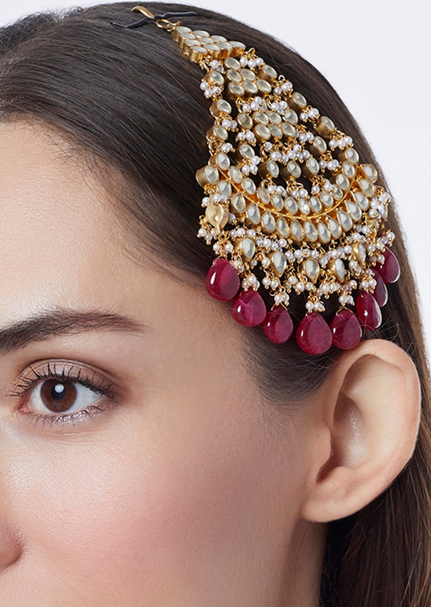 Gold Finish Polki Beaded Maang Tikka