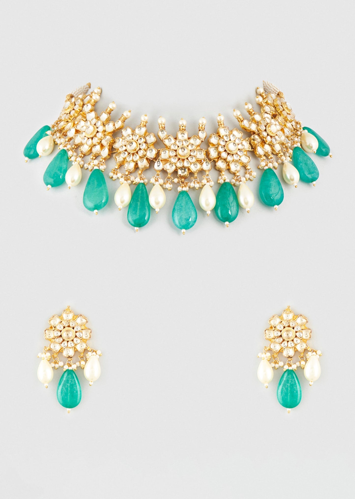 Gold Finish Kundan Polki And Green Beaded Choker Necklace Set