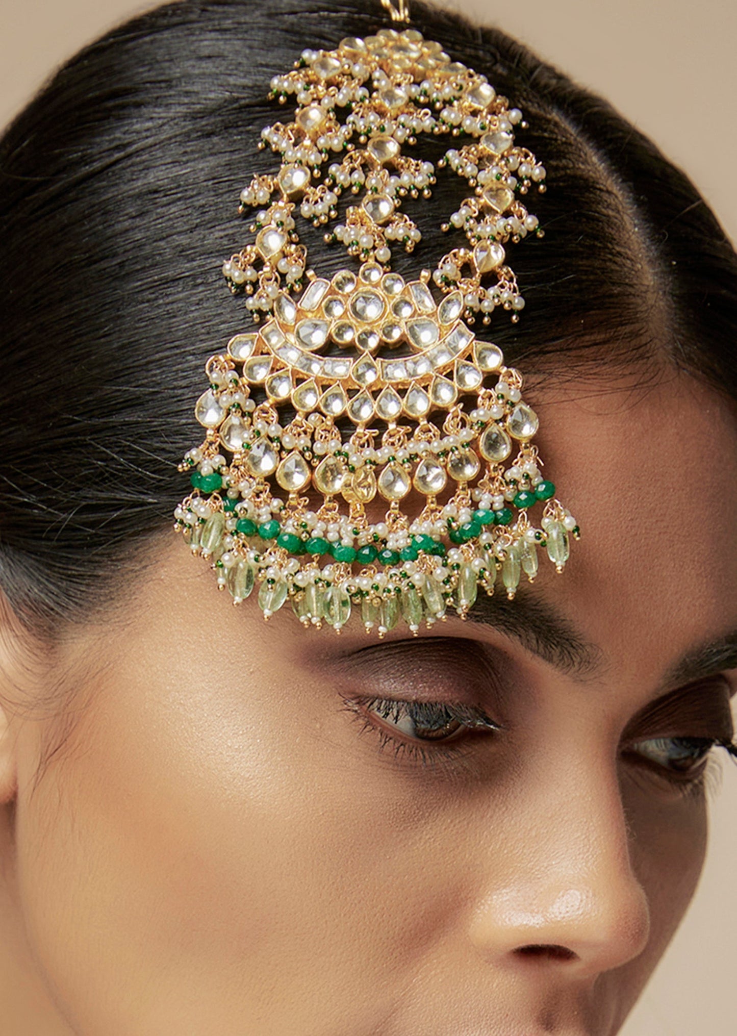Gold Finish Kundan Polki And Green Beaded Pasa