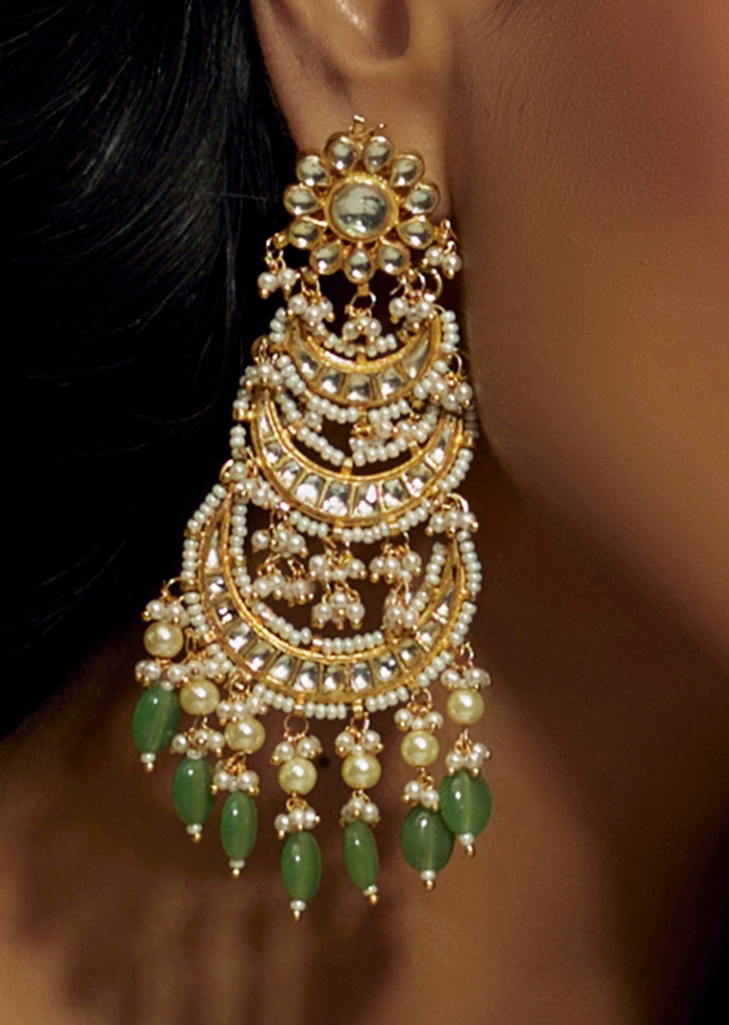 Gold Finish Kundan Polki And Green Stone Dangler Earrings