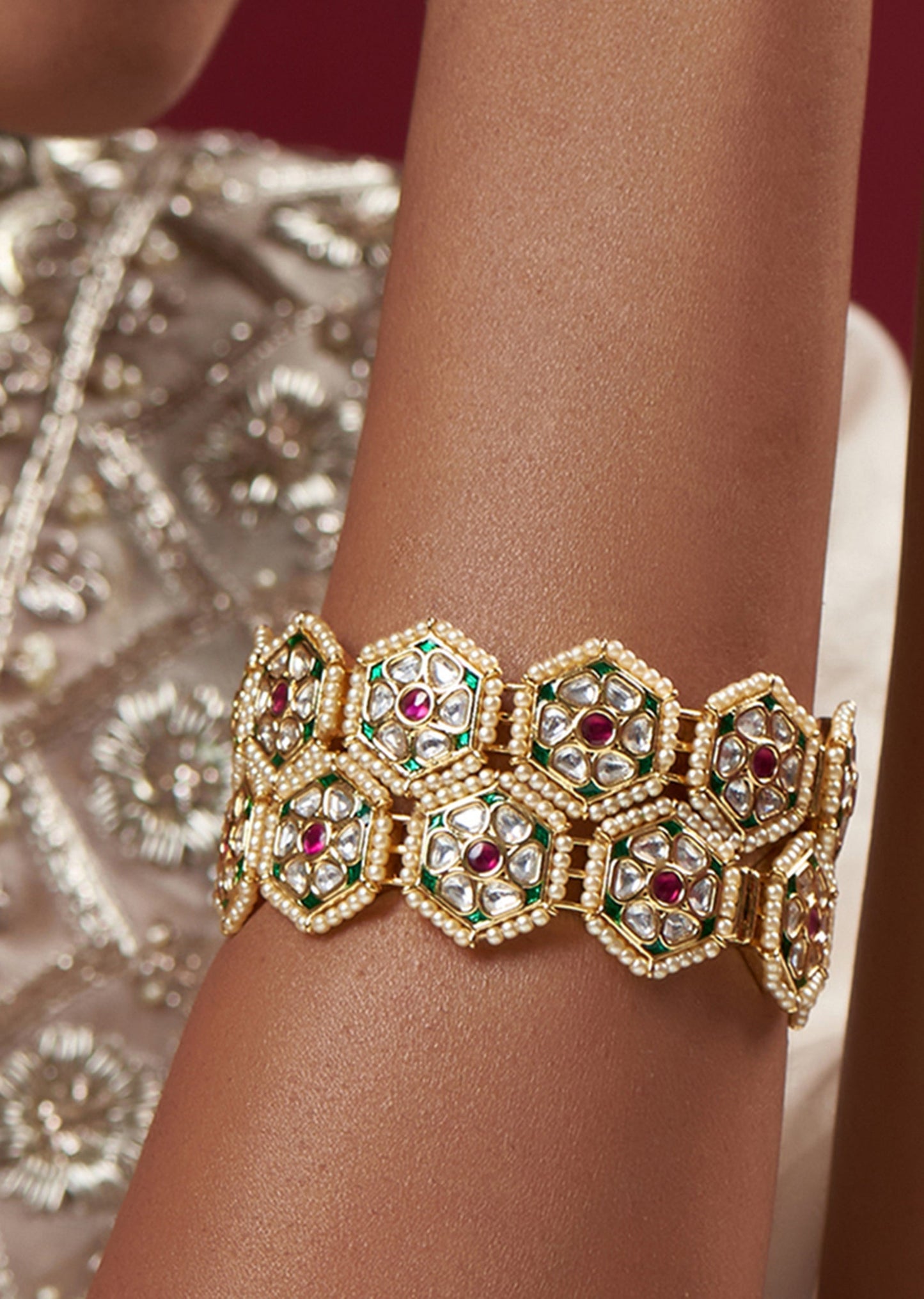 Gold Finish Kundan Polki And Pearl Bangles Set of Two