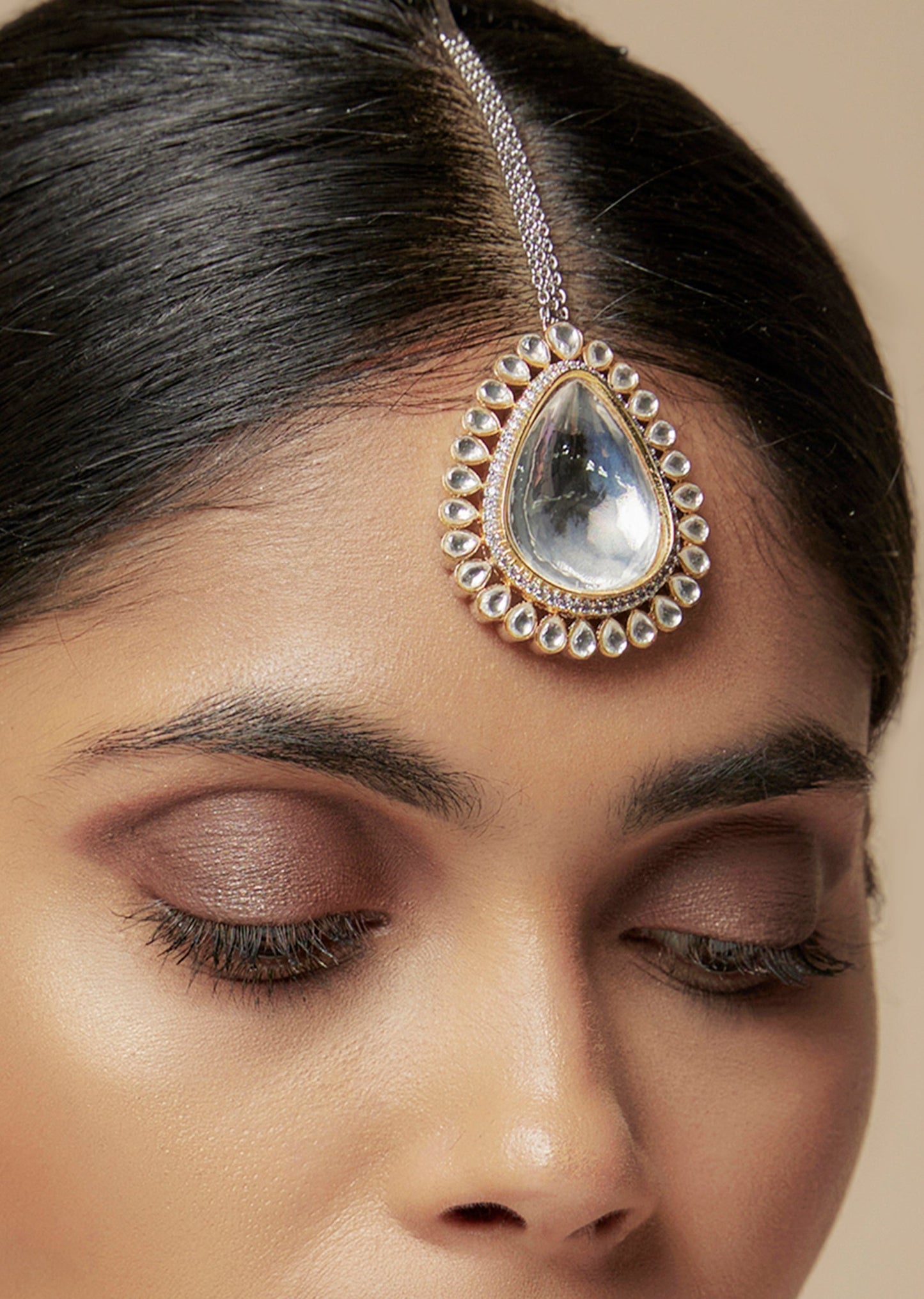 Gold Finish Kundan Polki And Zircon Maangtikka