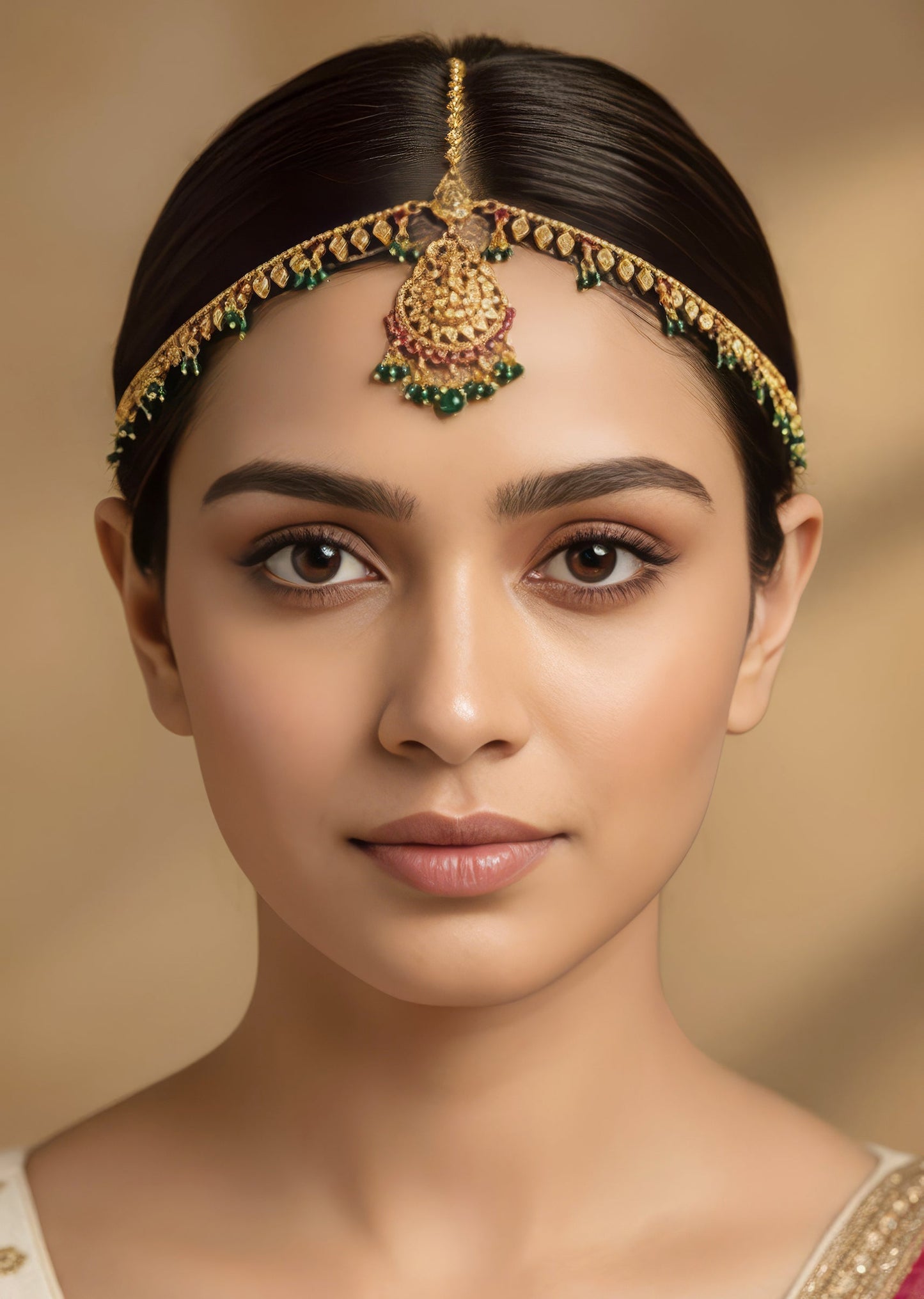 Gold Finish Mathapati With Temple Style Motifs And Green and Pink Simulated Stones