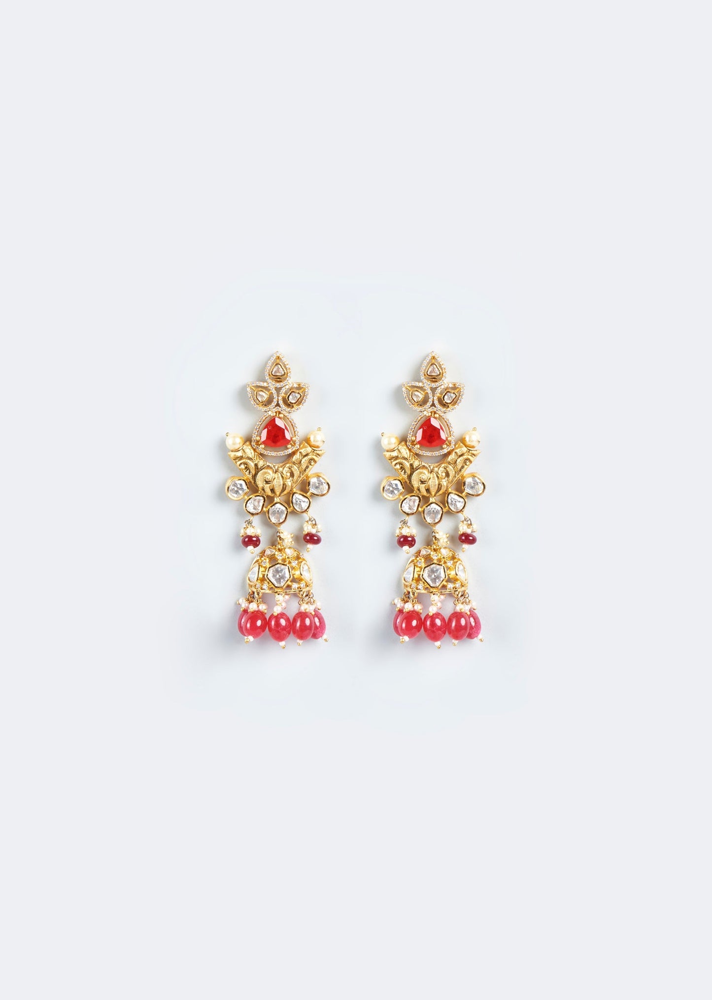 Gold Finish Multicolour Kundan Polki And Red Stone Dangler Earrings