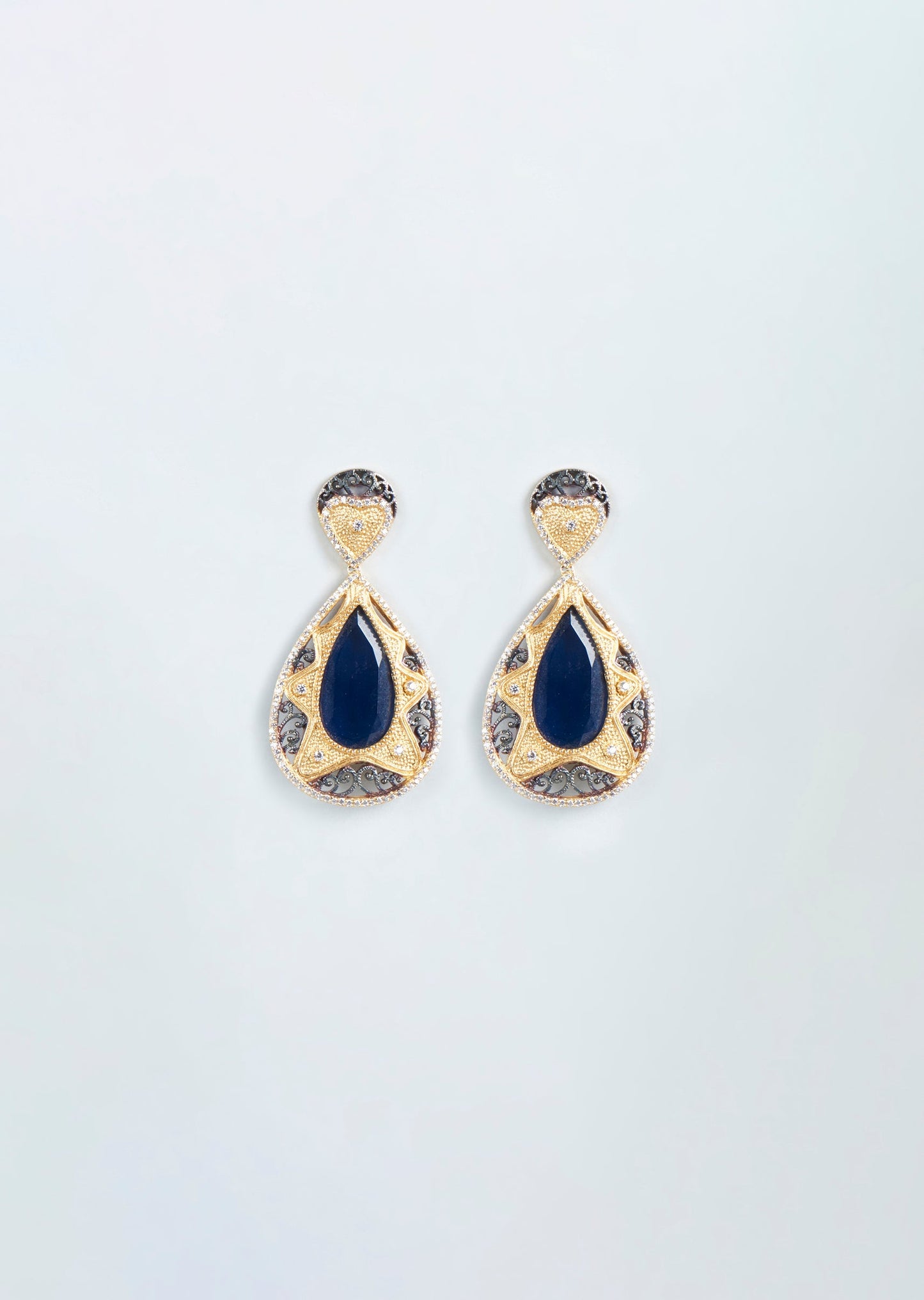 Gold Finish Navy Blue Synthetic Stone Dangler Earrings