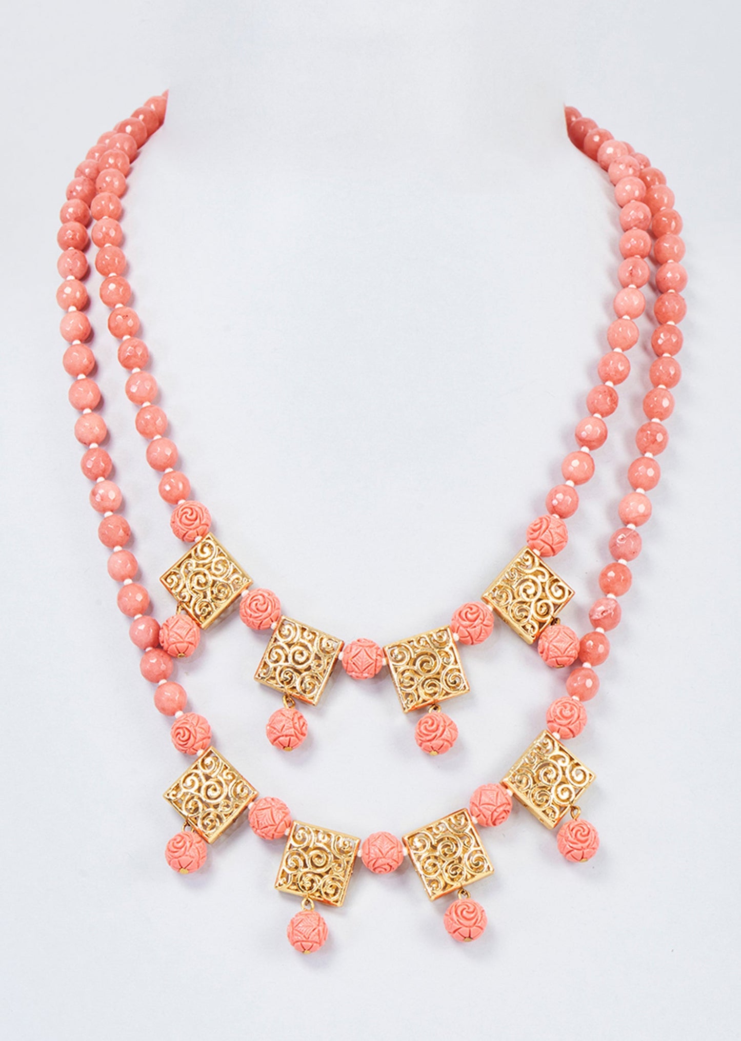 Gold Finish Pearl And Coral Beaded Handcrafted Mala
