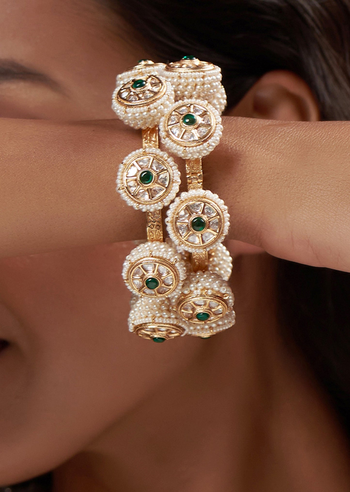 Gold Finish Pearl Bangles Set of Two