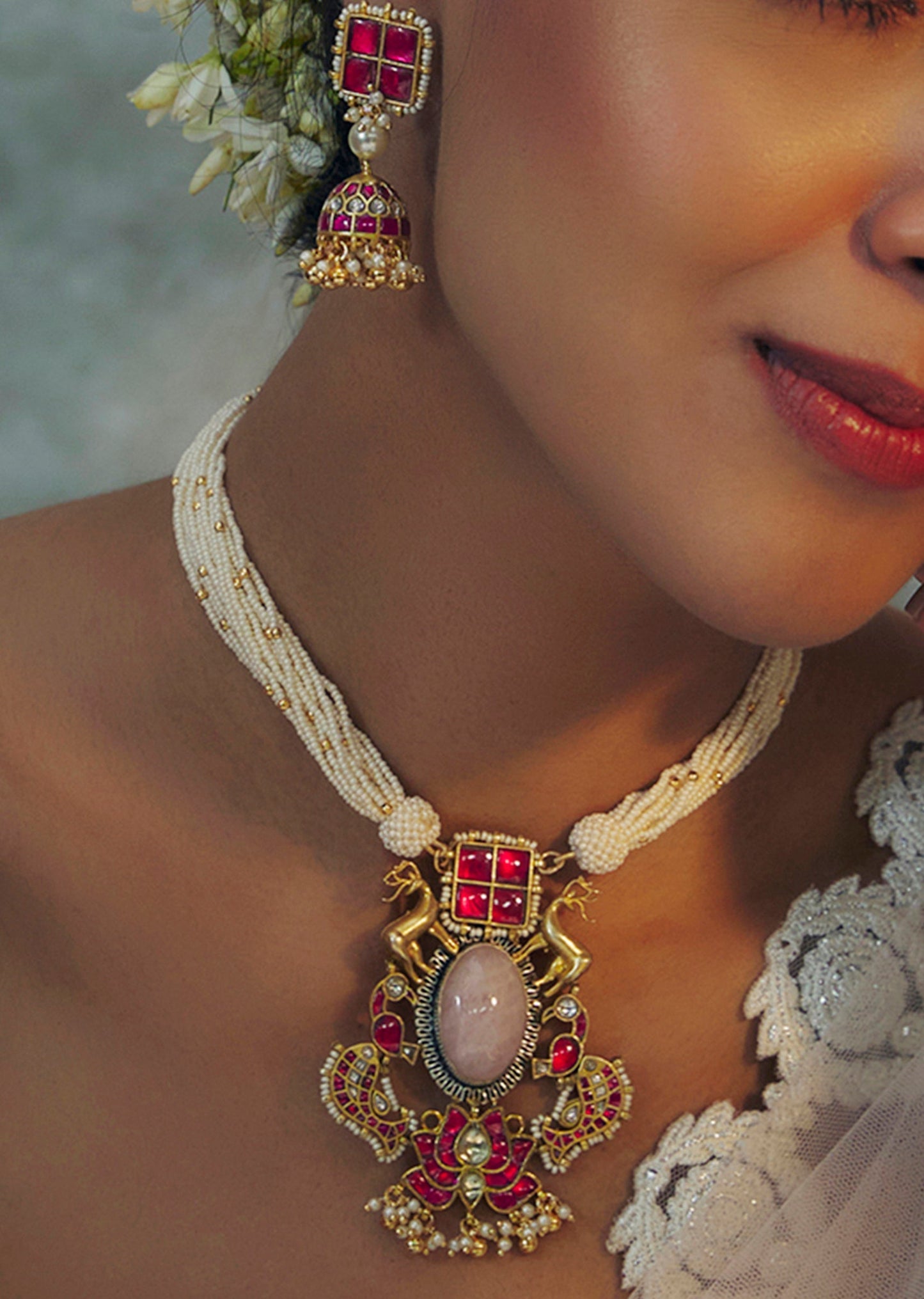 Gold Finish Red Kundan Polki Long Necklace Set