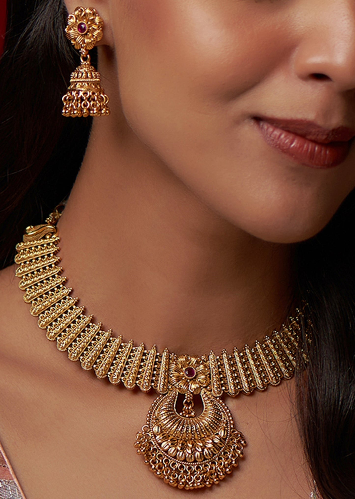 Gold Finish Temple Choker Necklace Set