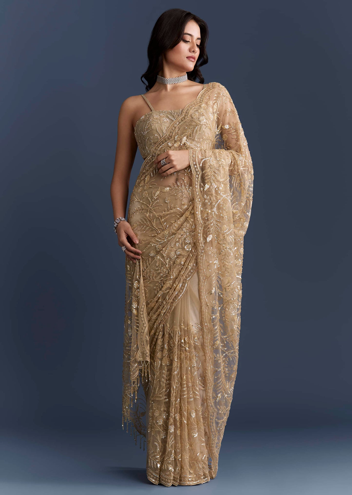 Gold Net Saree With Floral Sequins Work