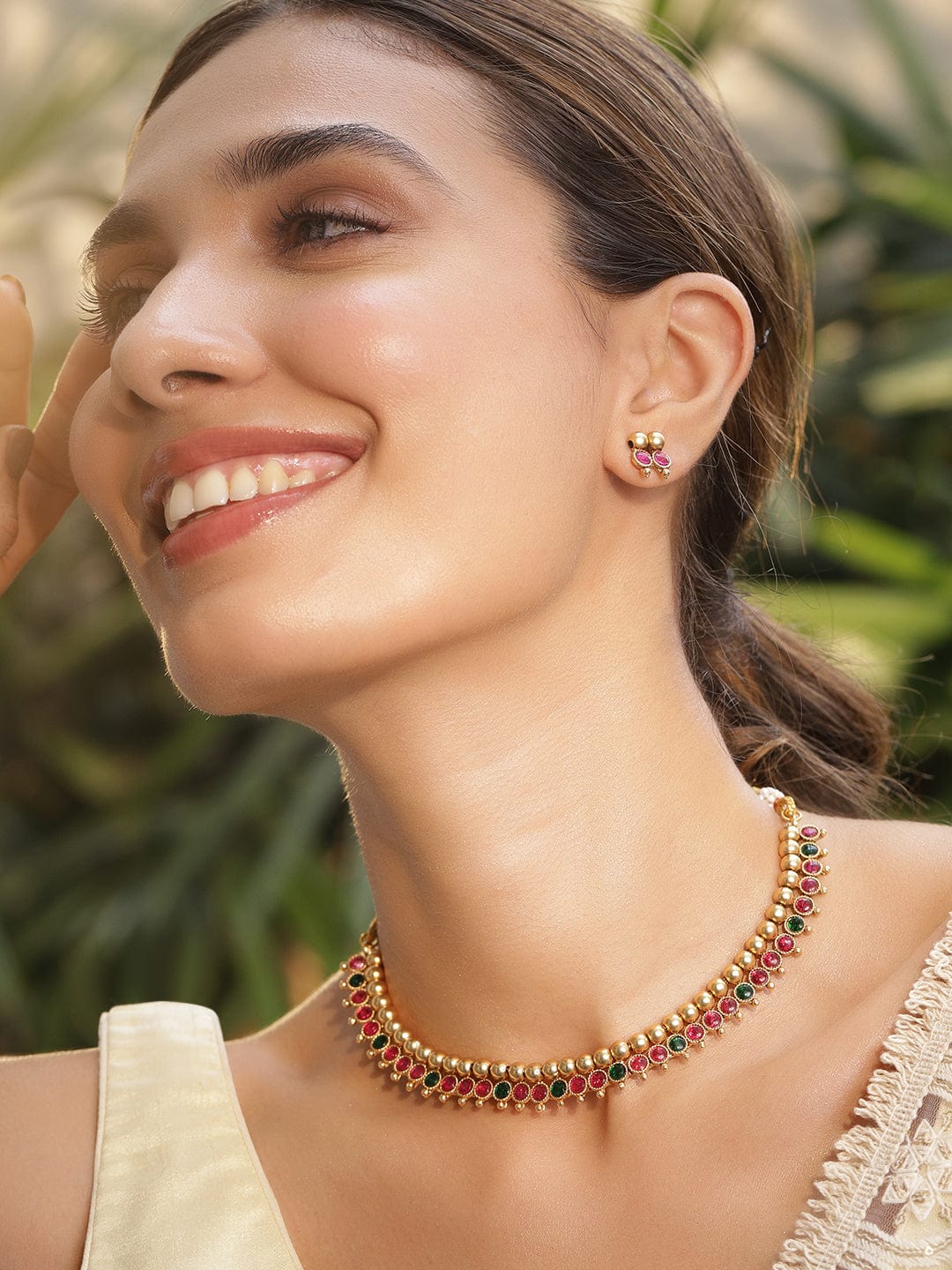 Green & Pink Studded Gold Beaded necklace Set