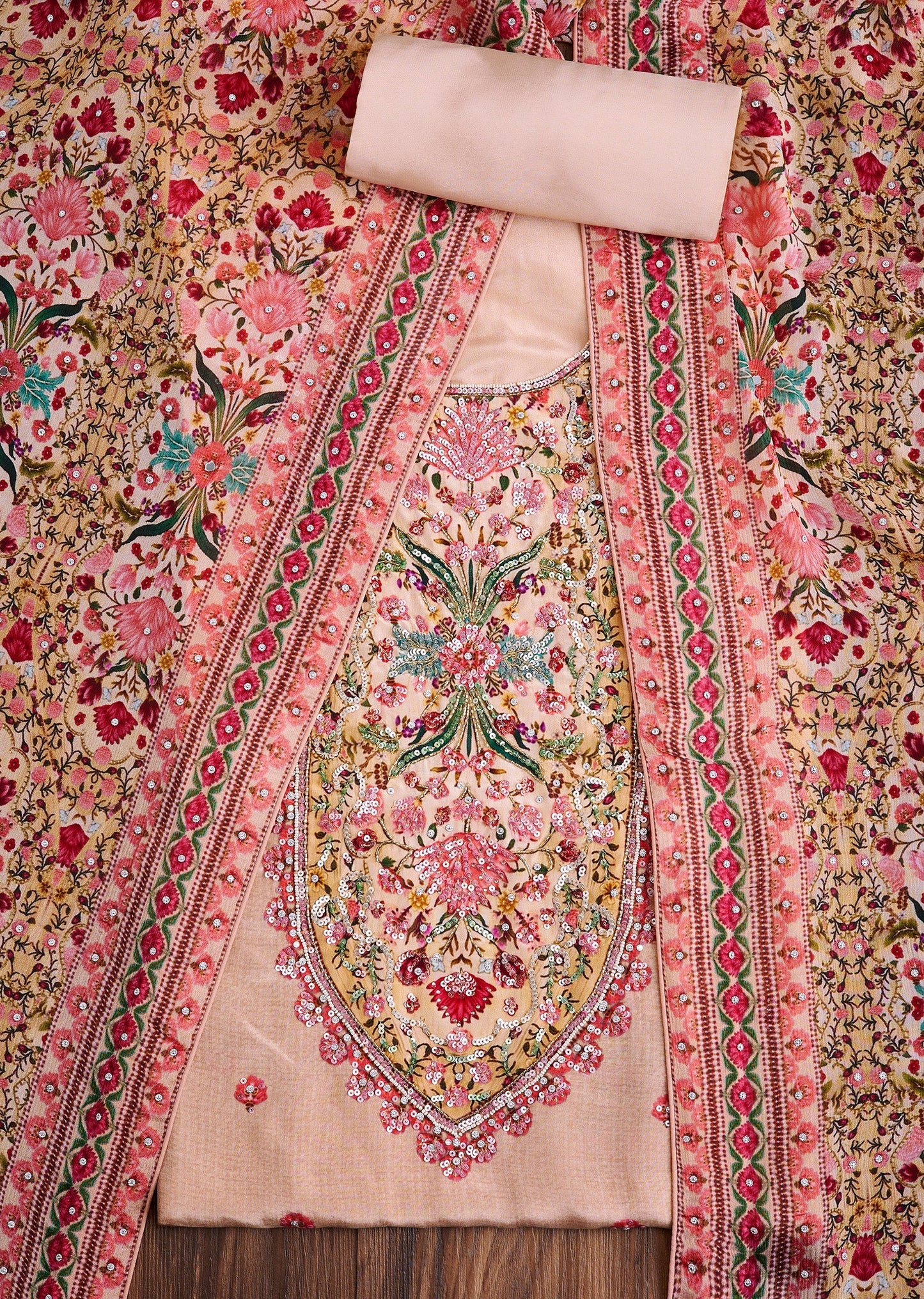 Gold Printed Crepe Dress Material Suit