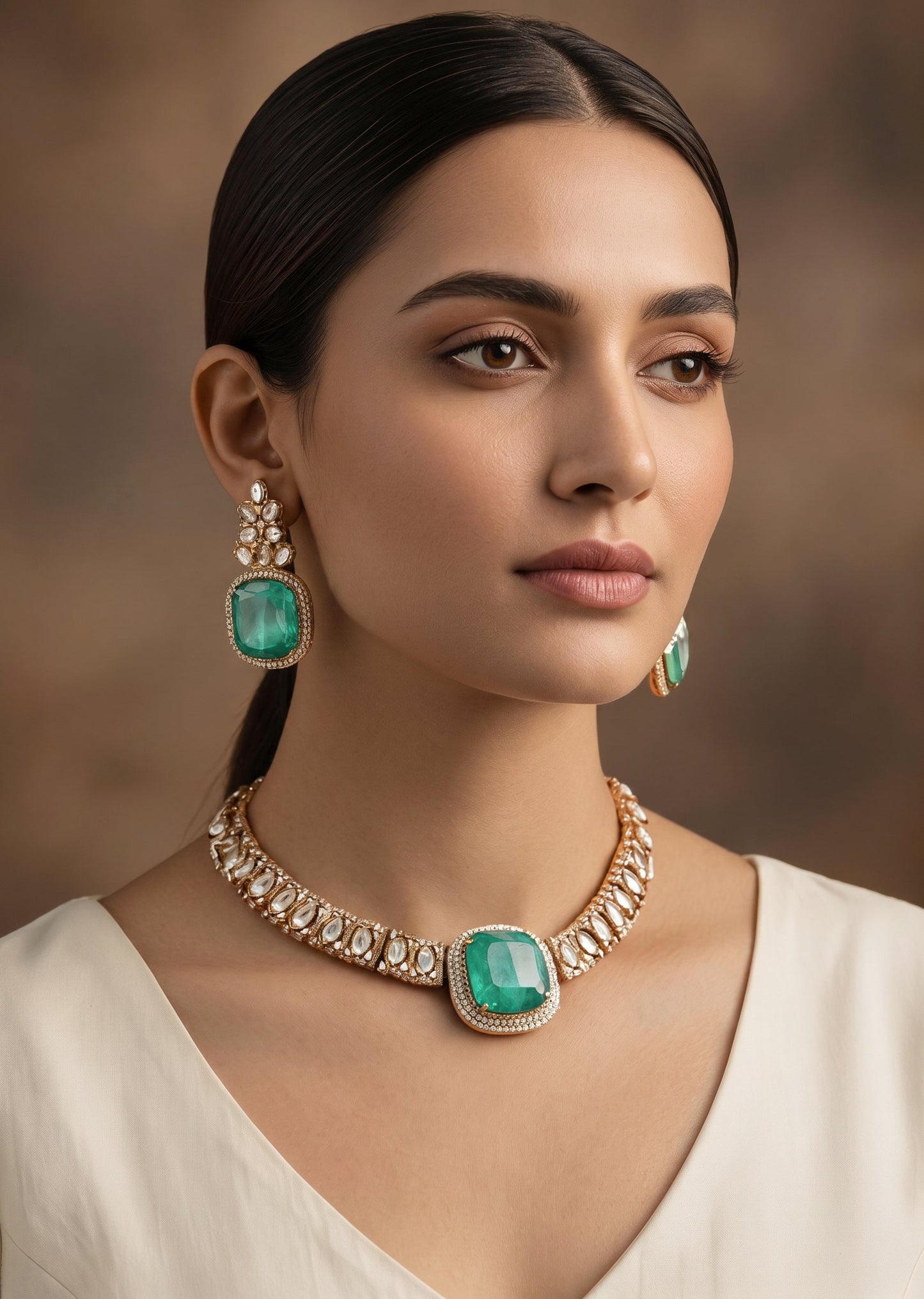 Gold Toned Mint Green Stone Necklace Set