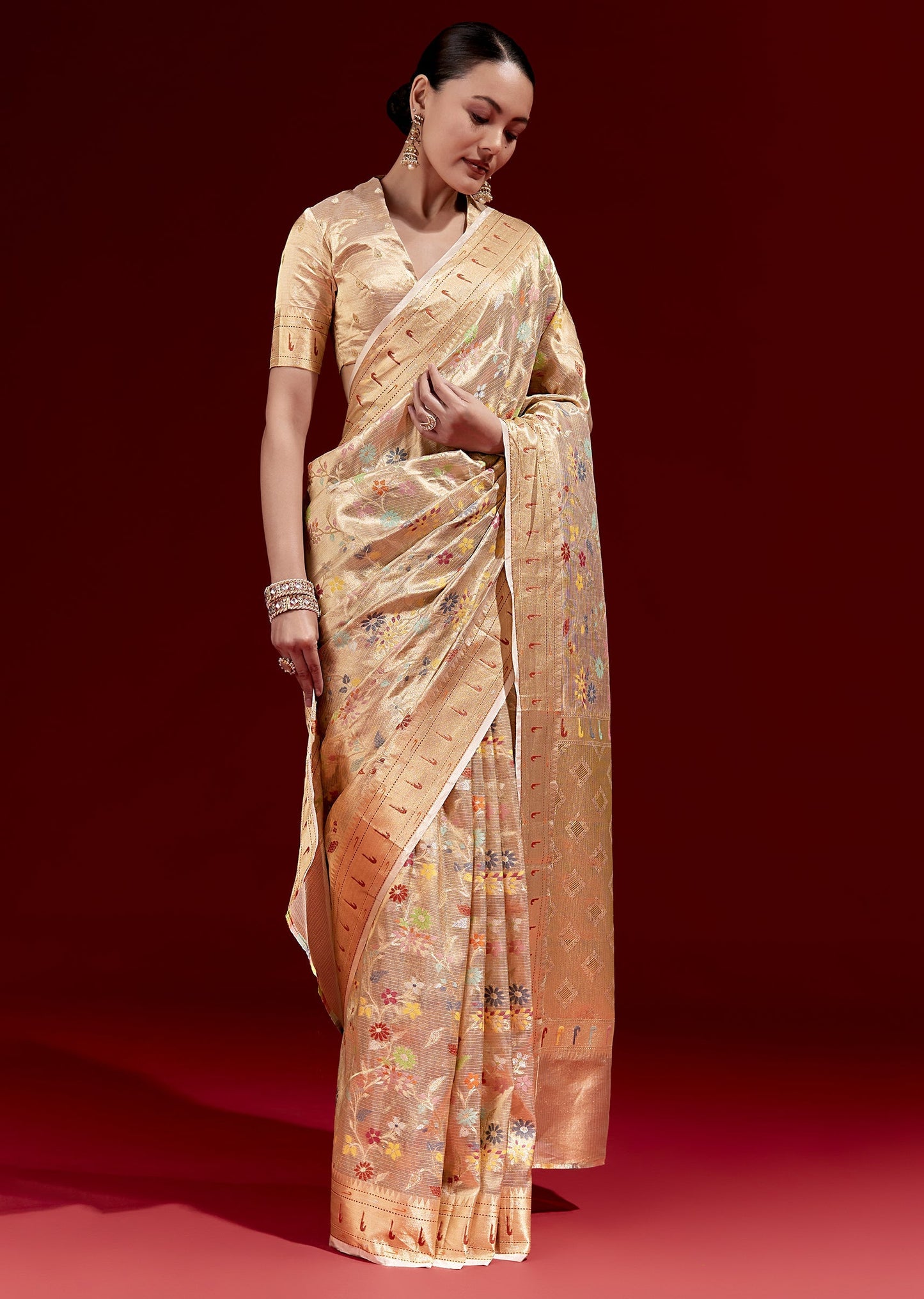 Golden Banarasi Tissue Saree With Multicolour Floral Weave And Paithani Motif Border
