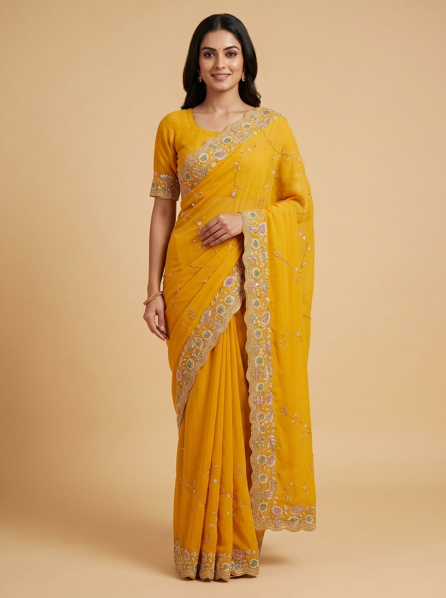 Golden Yellow Embroidered Saree