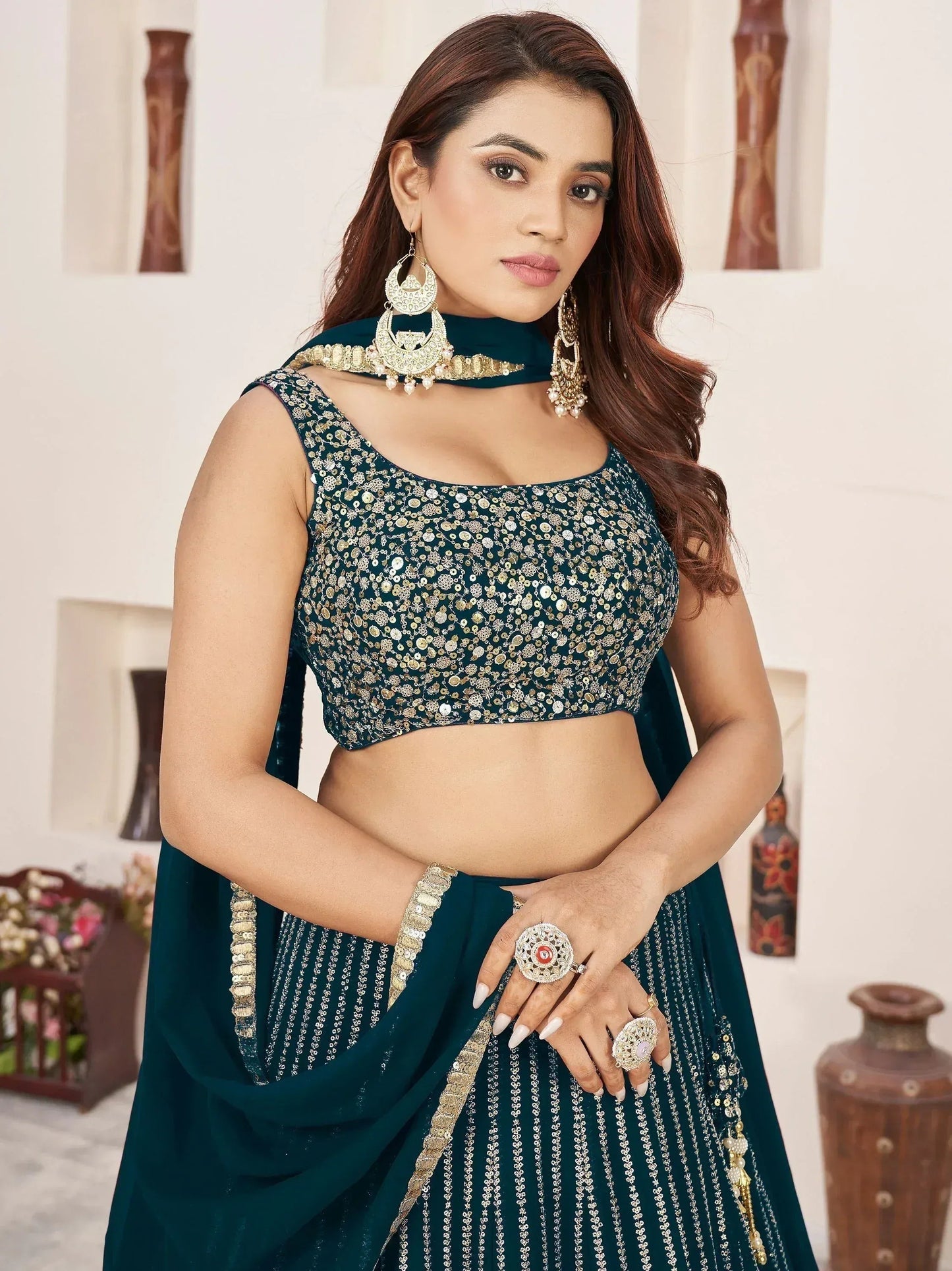 Tulsi Art Gorgeousâ Teal Green Sequins Work Georgette Function Wear Lehenga Choli