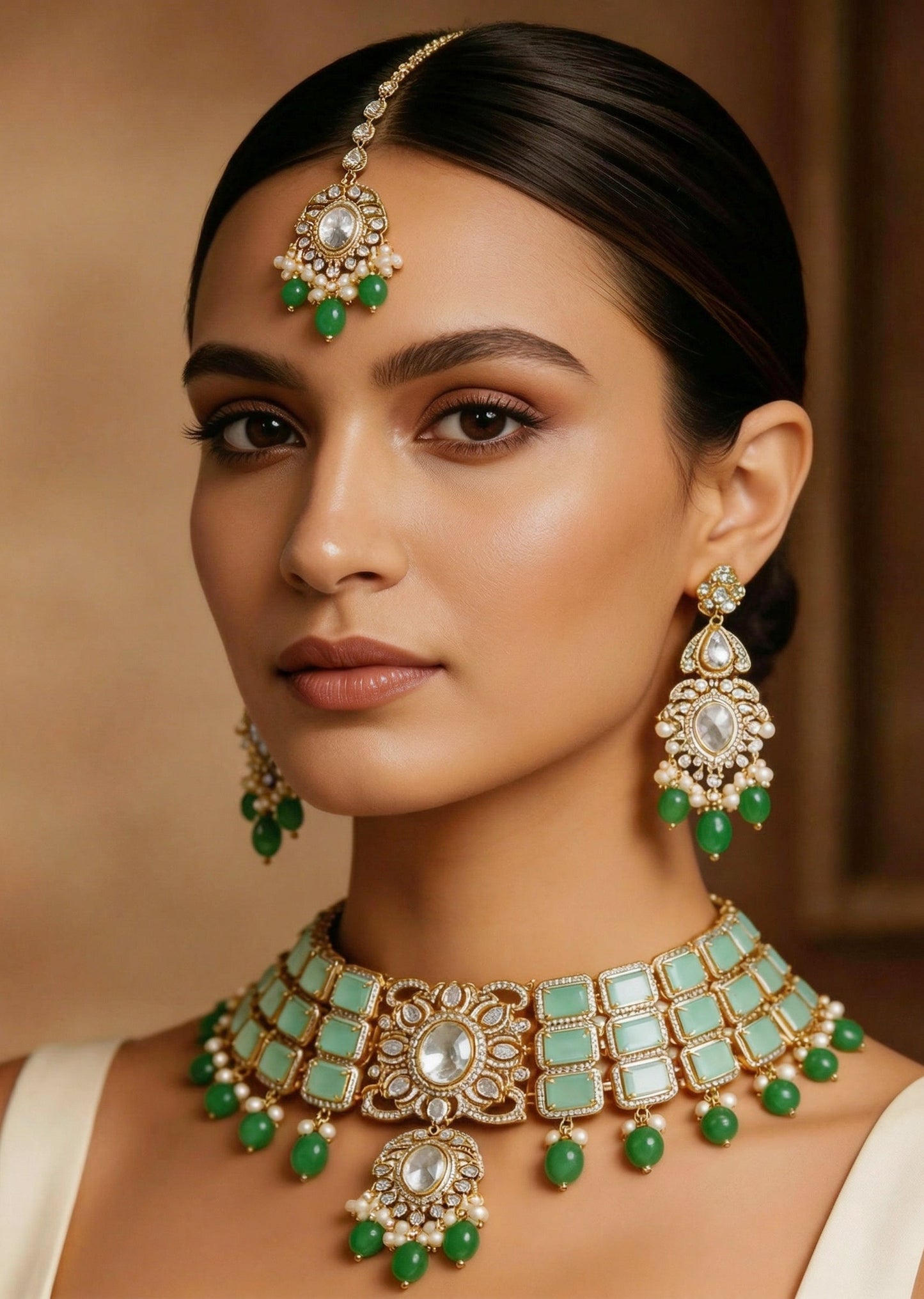 Green And Gold Floral Pendant Necklace Set With Maangtikka