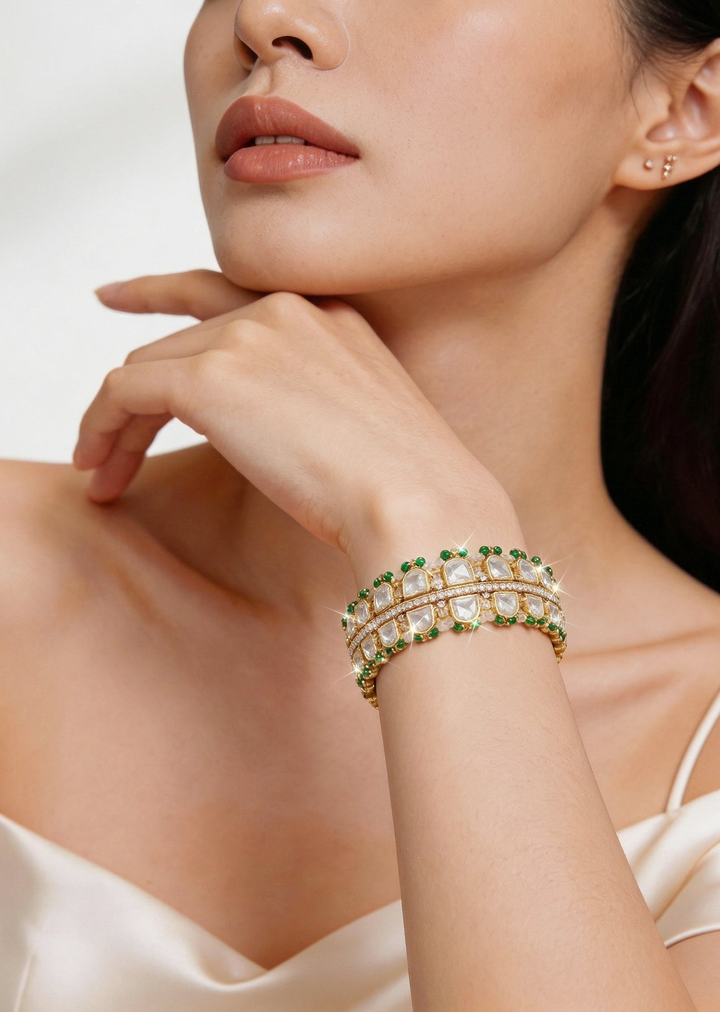 Green And Gold Stone Embellished Cutwork Bangle Set
